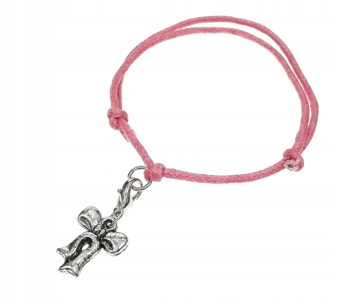 

Bransoletka z zawieszką kokardka sznurek łososiowy