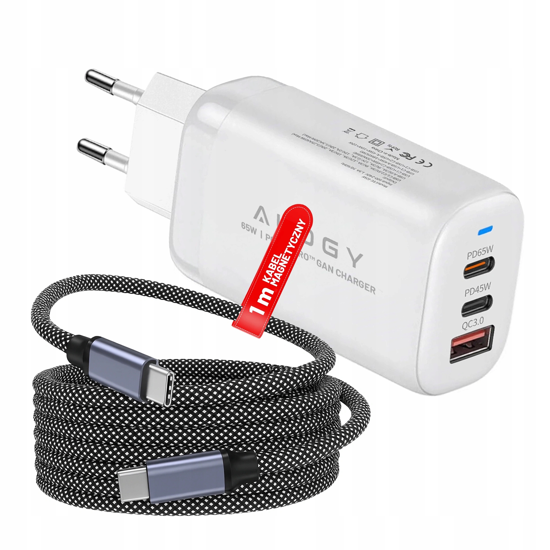 Usb-c kabel na Usb-c 1m Magnetický, odolný Síťová nabíječka 3v1 65W