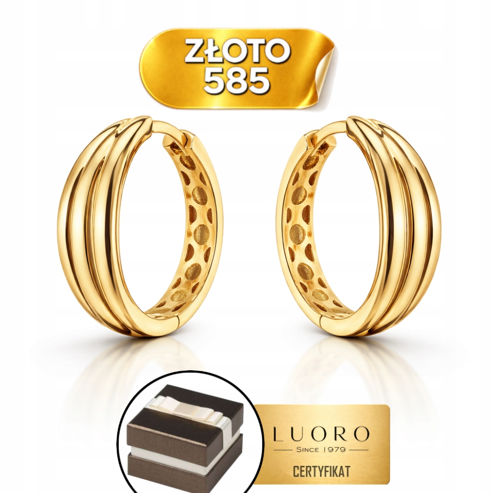 Náušnice Zlaté 585 14K Kolečka Drážkované Diamantové Průměr 17 MM