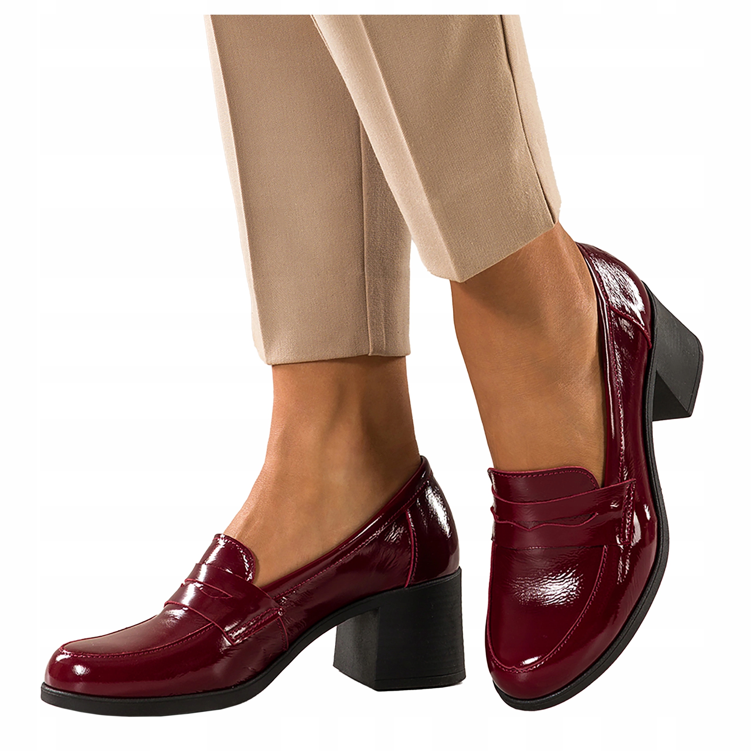 Dámské Mokasíny Bordové Lakované Na Bloku Komfortní Elegantní vel 41