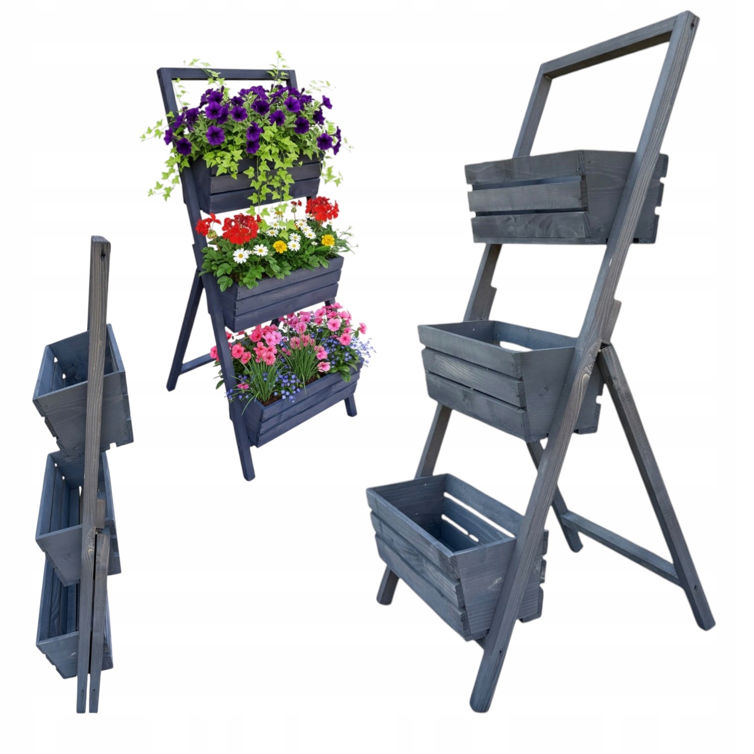 Dřevěný rozkládací stojan na květiny s bylinkami, 3 truhlíky, šedý, 107 cm