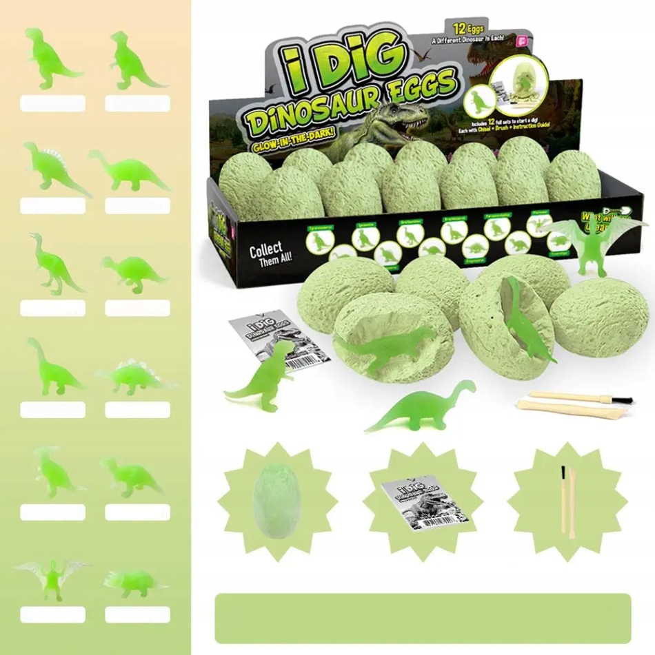 ZESTAW KOPALNIA DINOZAURÓW ŚWIECĄCYCH WYKOPALISKA 12 DUŻYCH JAJ ARCHEOLOG Minimalny wiek dziecka 3
