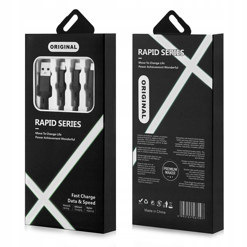 JEDNOCZESNE ŁADOWANIE KABEL 3w1 USB - USB typ C / microUSB / Lightning | 1m Długość przewodu 1 m