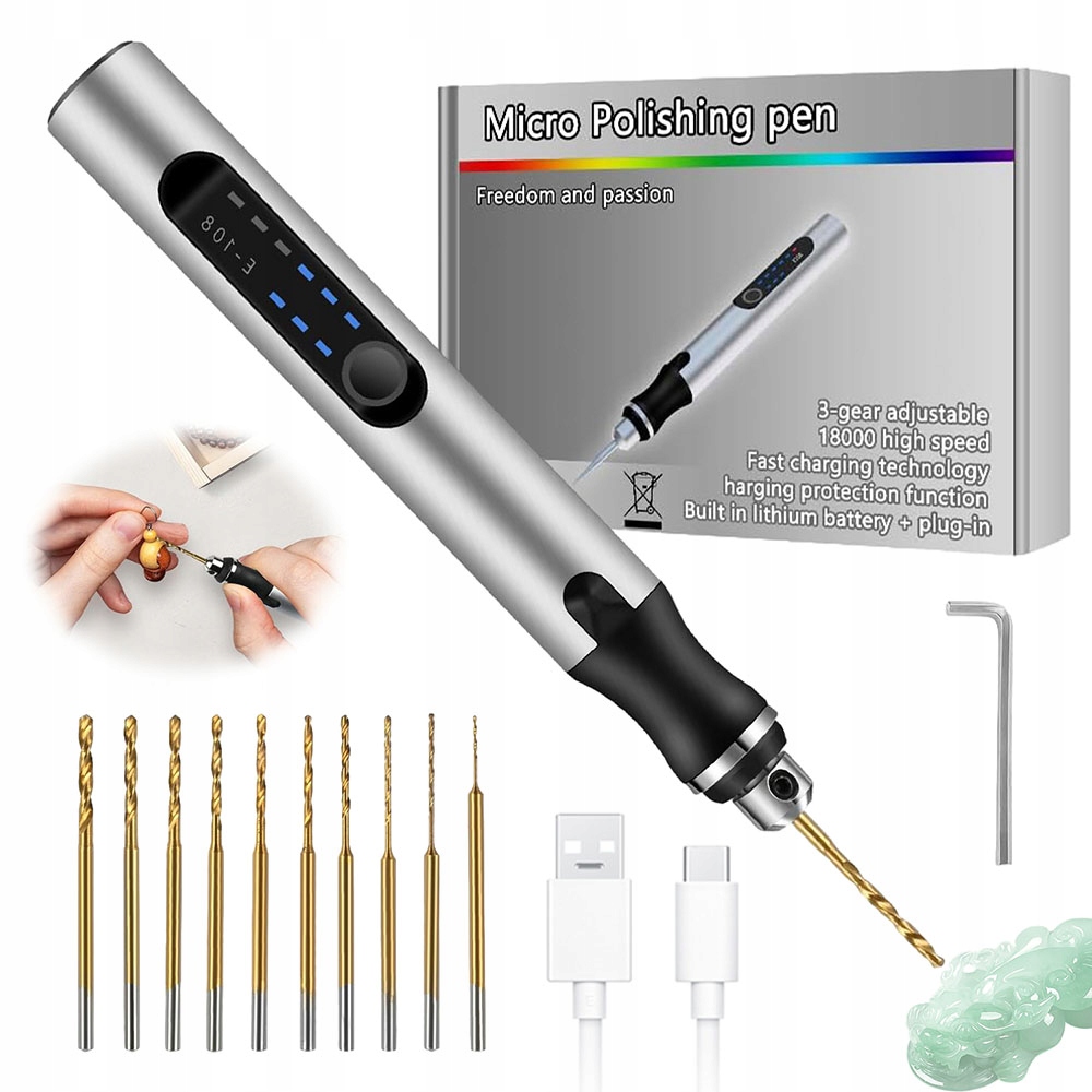 Mini Bruska Frézka Elektrická Vrtačka 3.7V 3-RYCHLOSTNÍ 10 Vrtáků