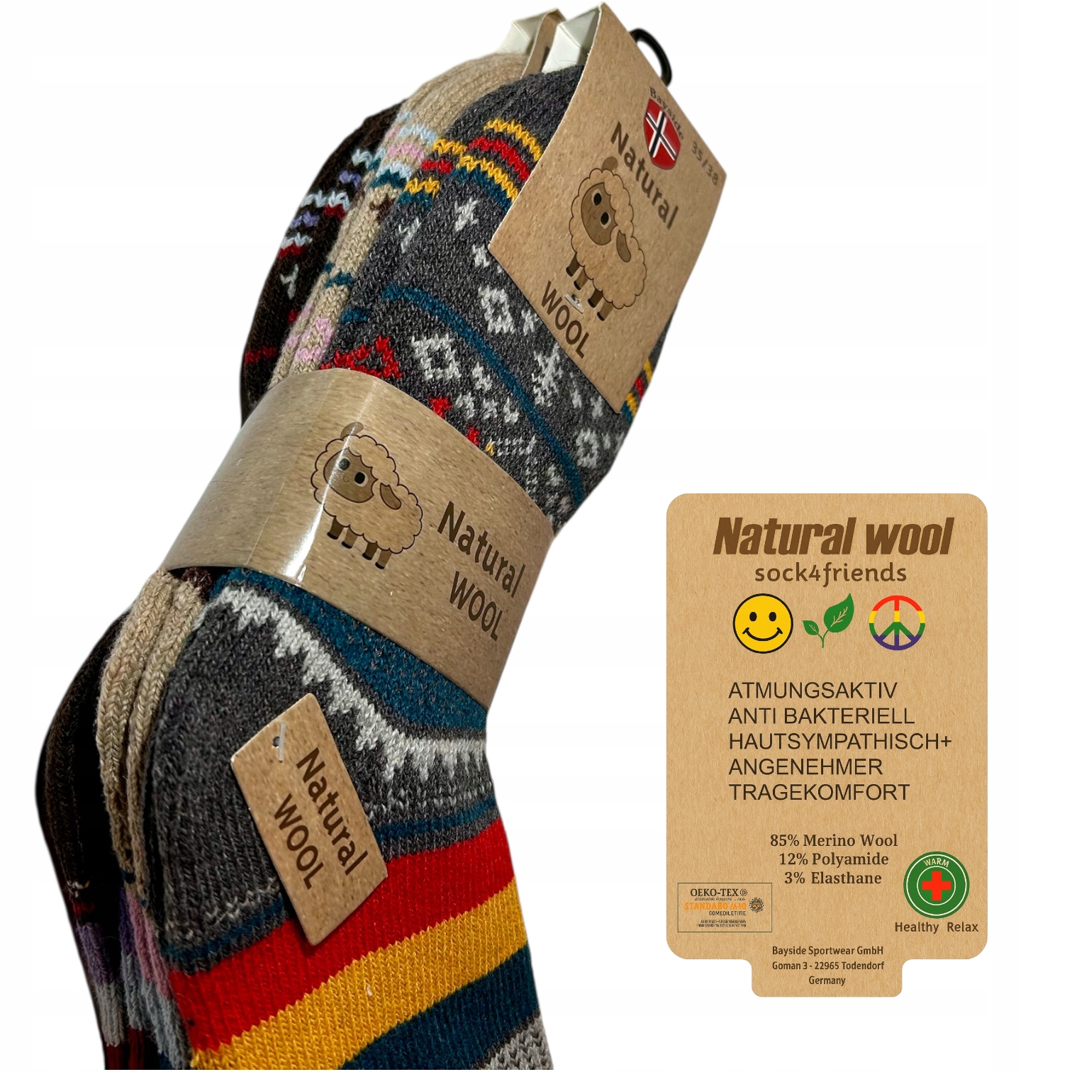 3x Pletené zimní ponožky z merino vlny Highland, Silné, Dárek