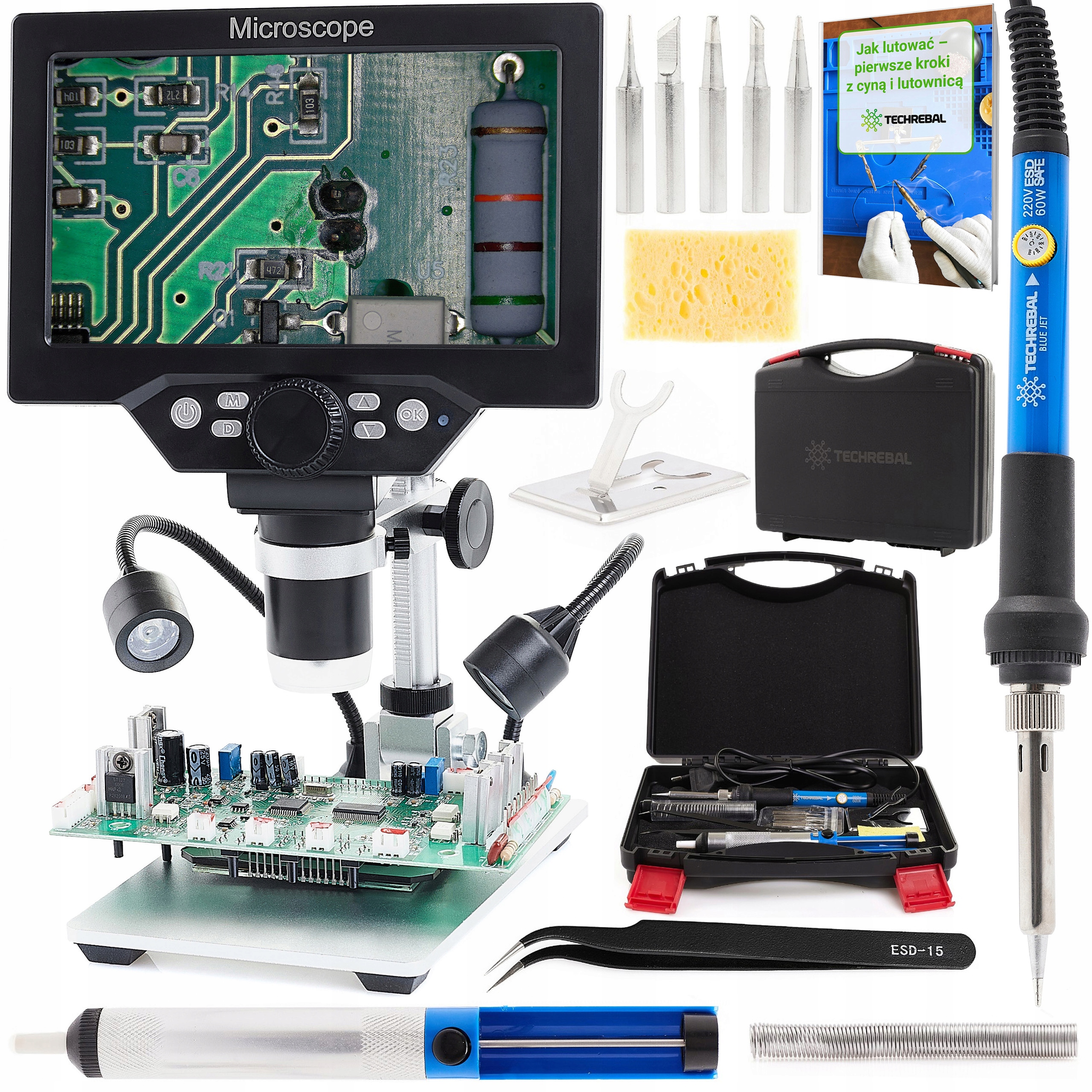 Mikroskop Dla Elektronika Cyfrowy 1200X Lutownica 60W 11 Akcesoria Walizka