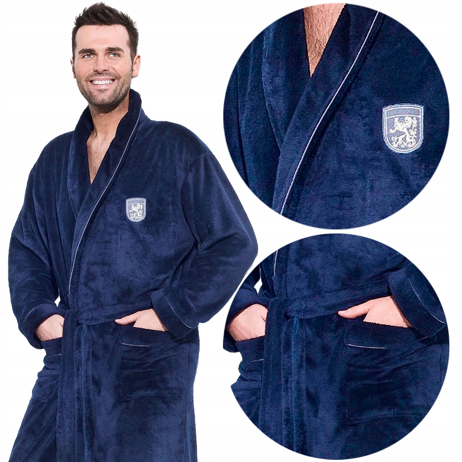 Teplý měkký pánský župan Efektní límec Kapsy Svázání 2XL Navy