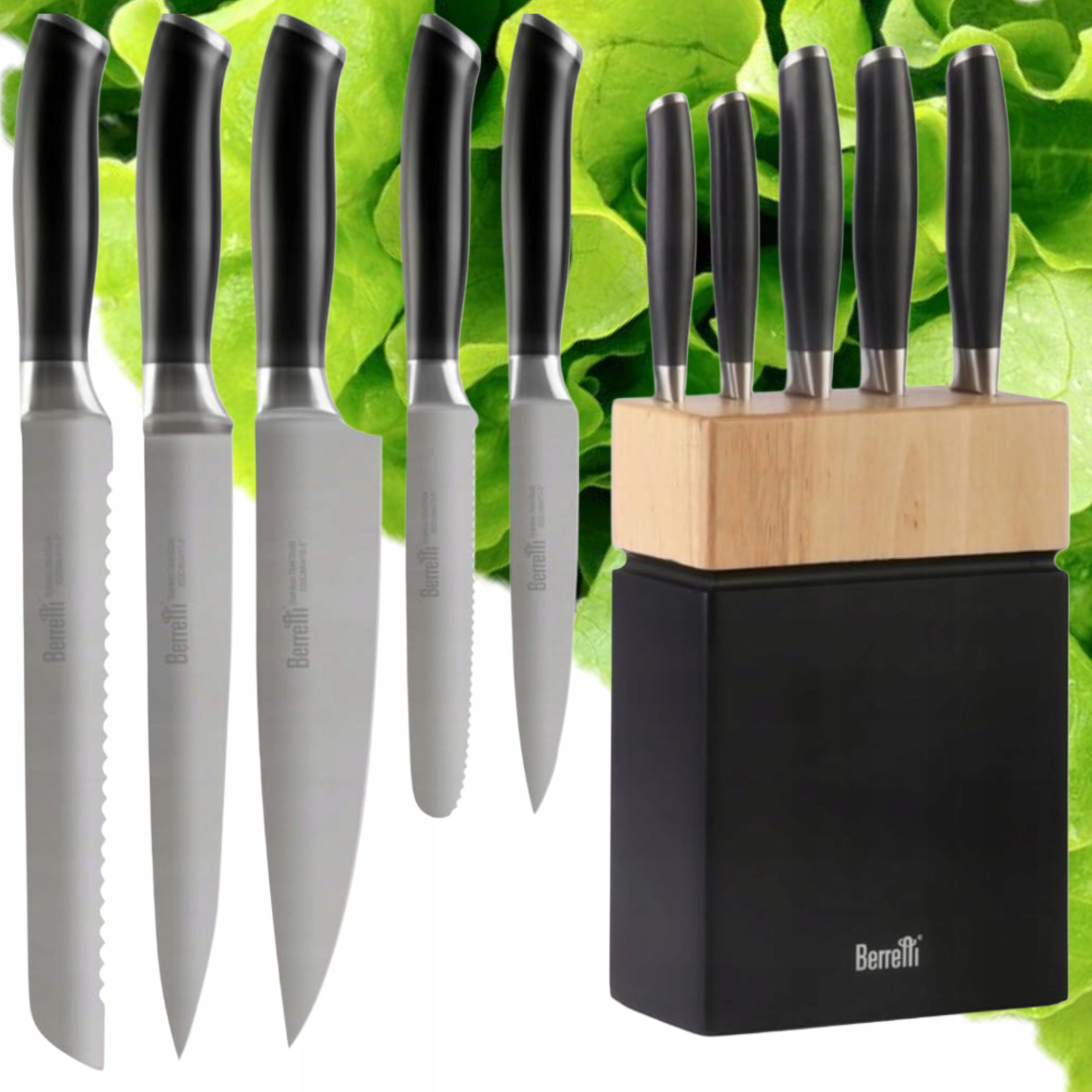 Sada 5 Nožů V Dřevěném Bloku Beretti Komplet Nože Černé Ostré
