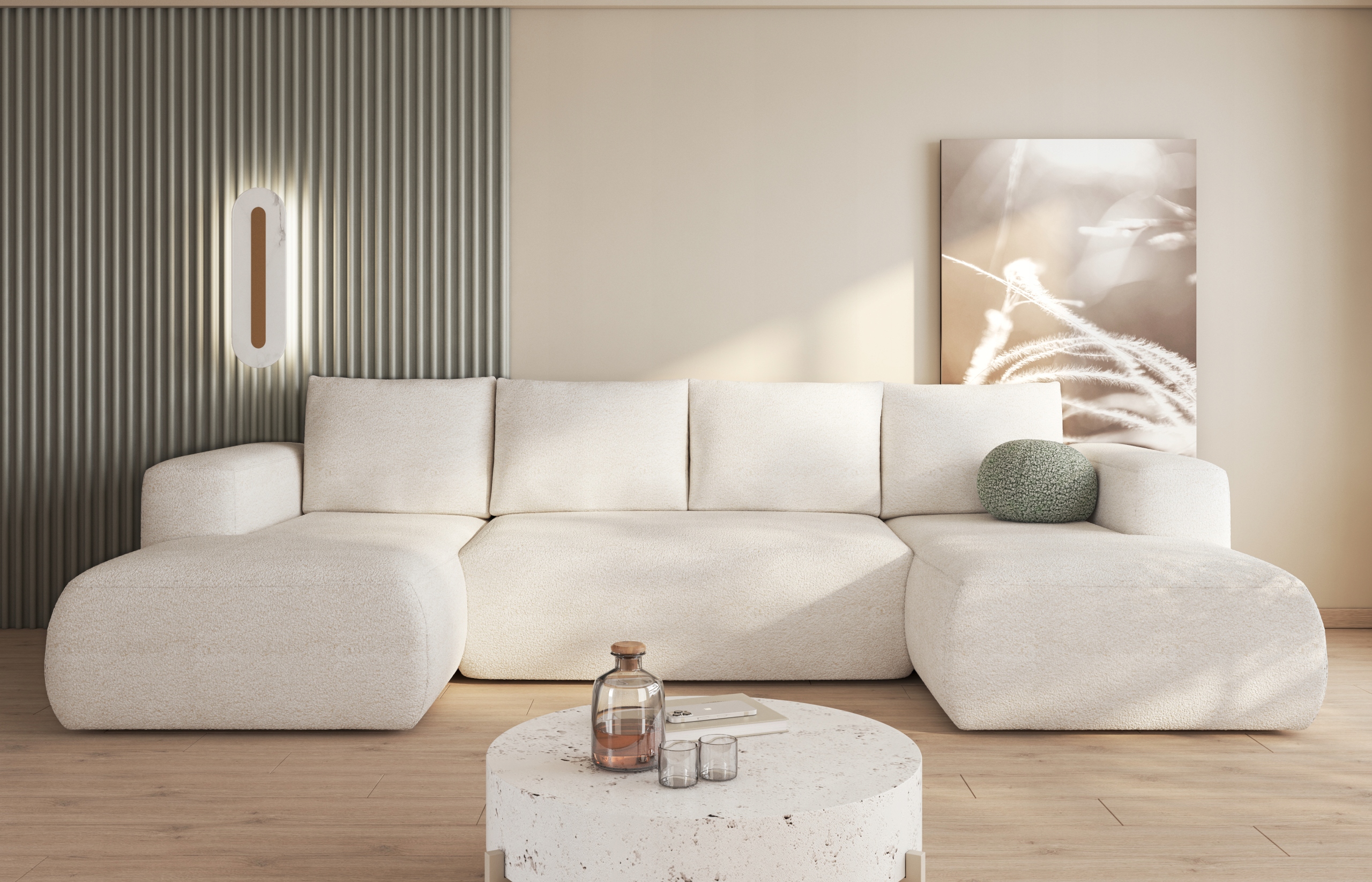 Krémový rohová sedací souprava s funkcí spaní Lambi U pro moderní obývací pokoj.