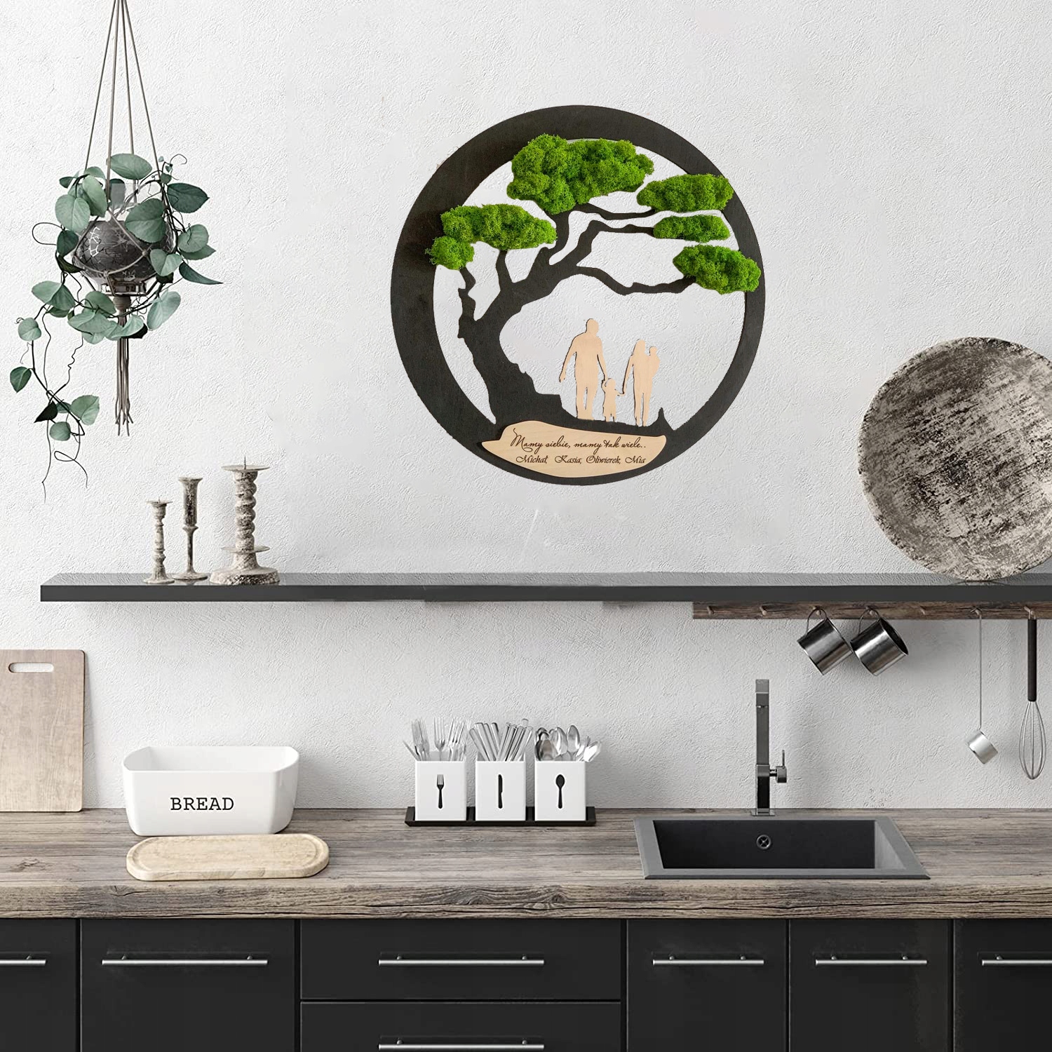 OBRAZ Z MCHU RODZINA DRZEWKO BONSAI MECH CHROBOTEK ŻYWY OBRAZ DRZEWO ŻYCIA Forma w ramce