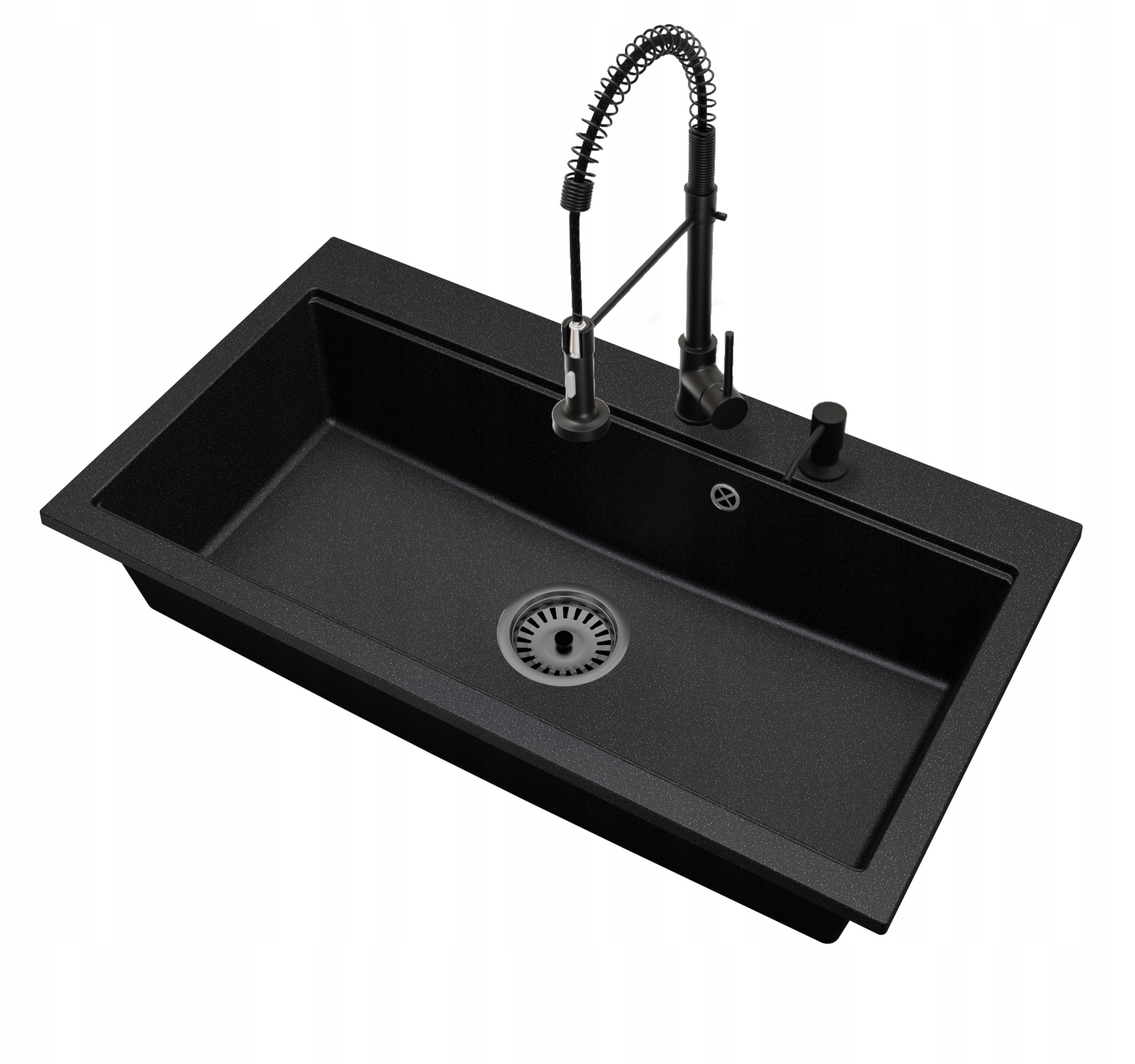 Granitový dřez Jednokomorový Elite 90 Baterie Dávkovač Sifon Černý