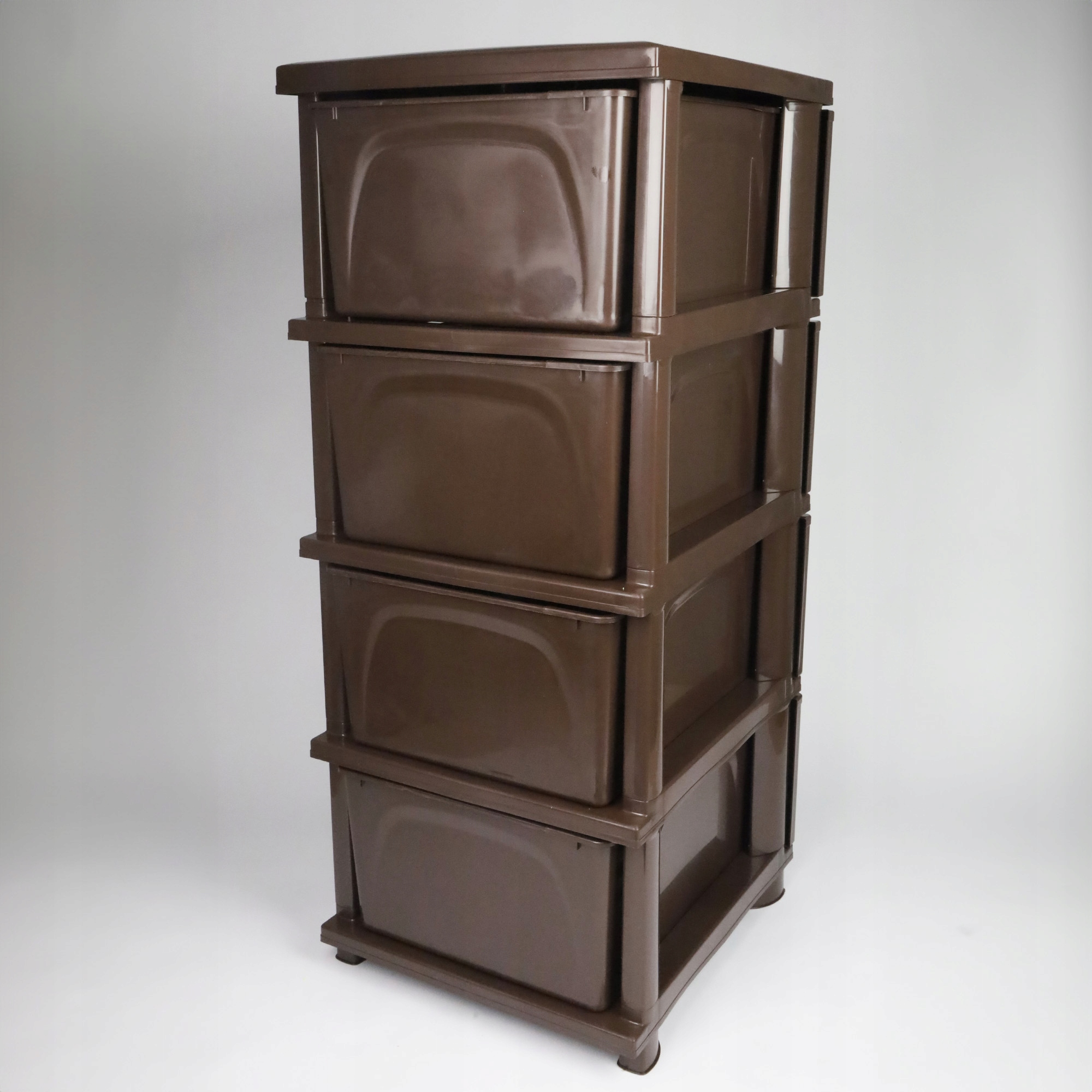 REGAŁ ŁAZIENKOWY BRĄZOWA KOMODA STOJAK SŁUPEK SZAFKA Z 4 KOSZAMI RATTAN