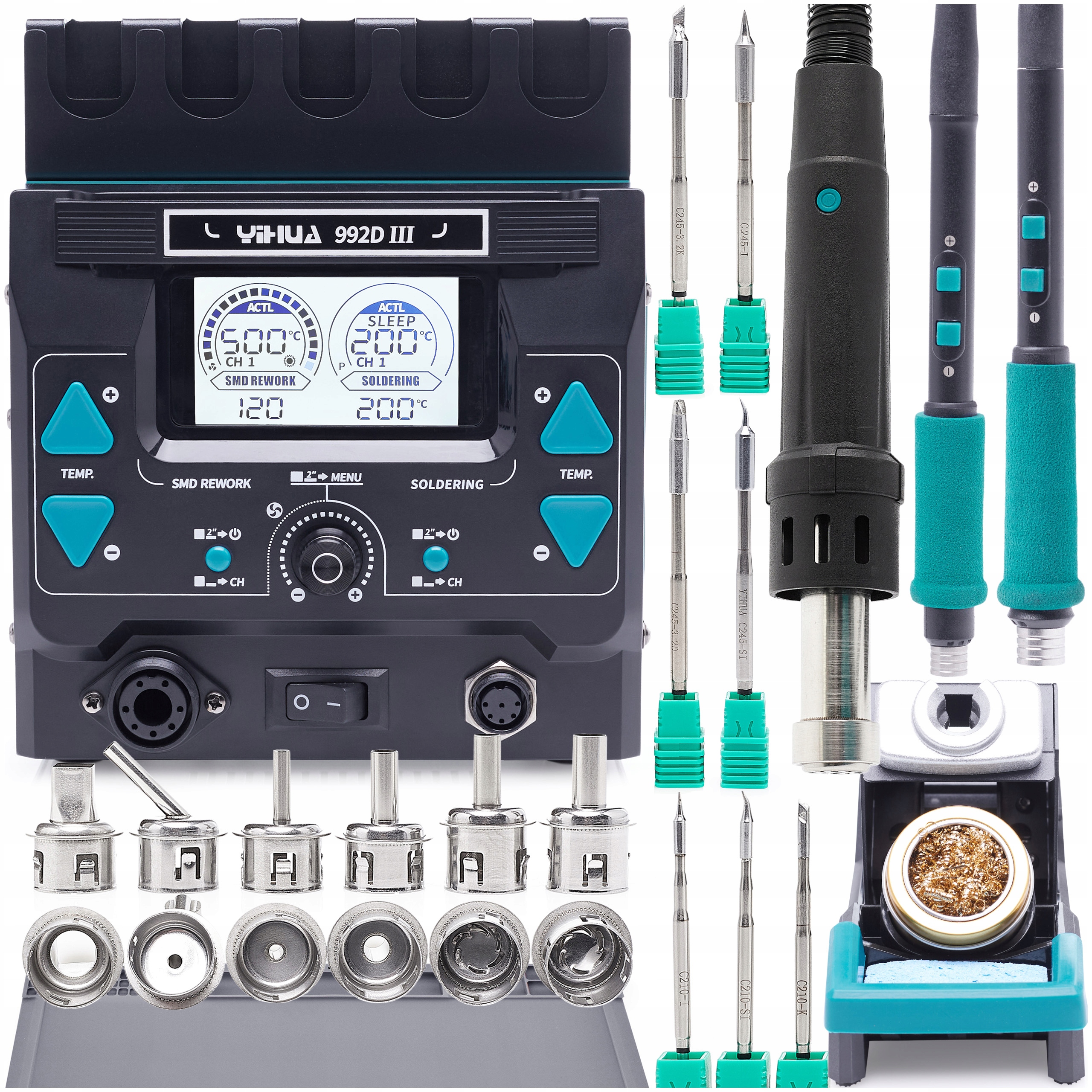 Stacja lutownicza Yihua 992D-III 1220W 2w1 Hot Air 6 Dysz 7x Grot C245 C210