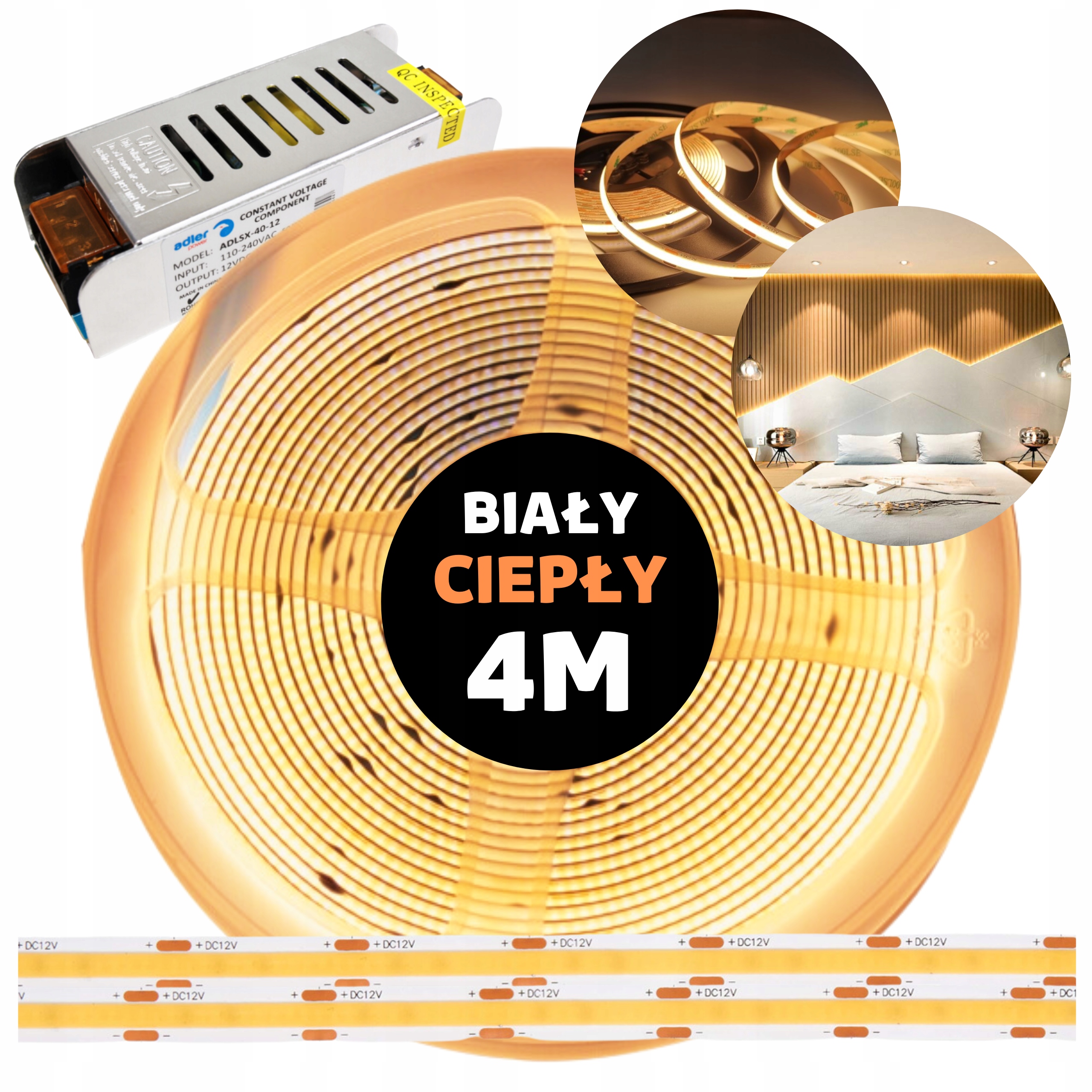 Pásek Led Cob, kontinuální neonová linka s napájecím zdrojem, teplý bílý, 12V, 4M