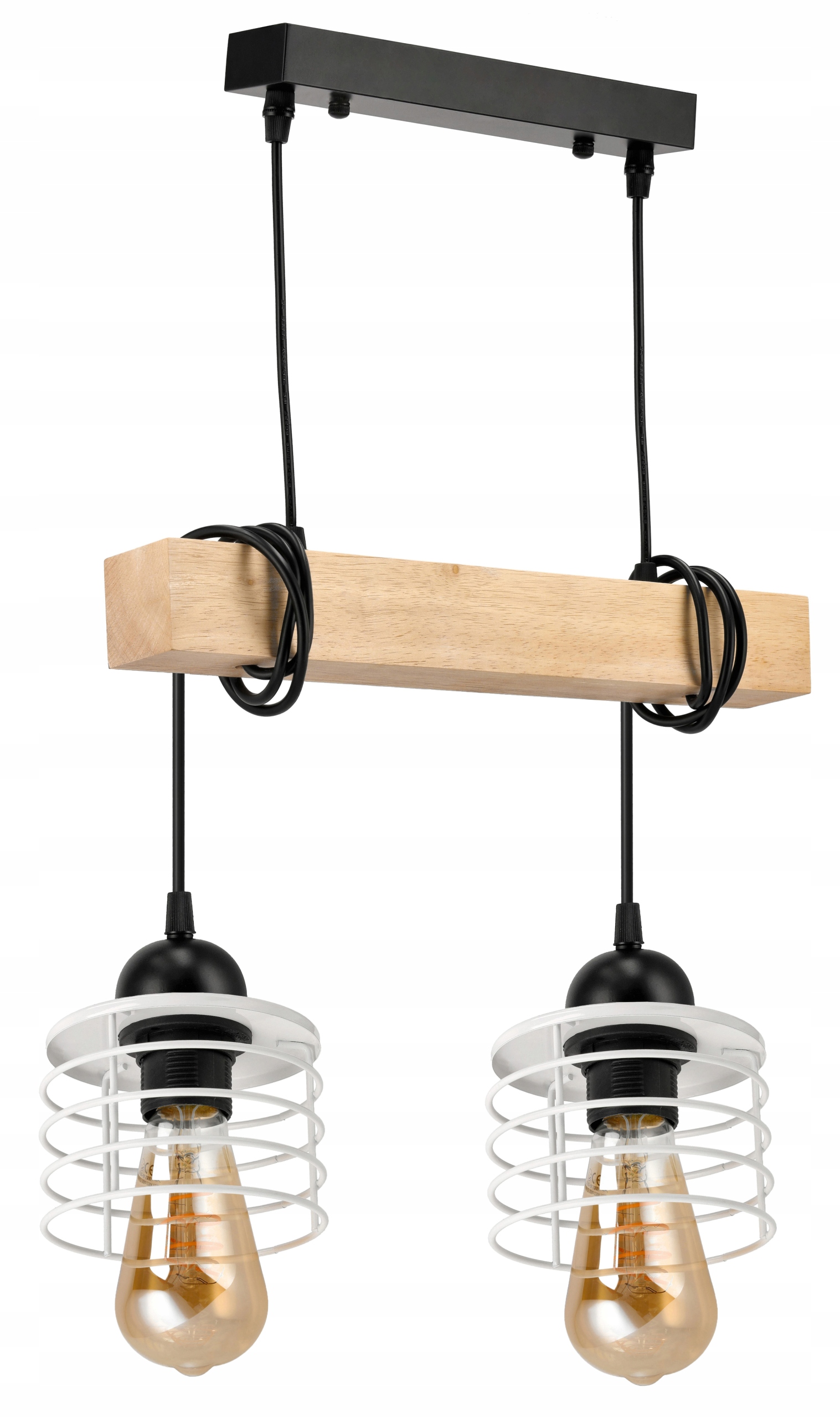 Závěsné Stropní Svítidlo Led Dřevěný nosník 2x E27 Lustr Pružina Bílá