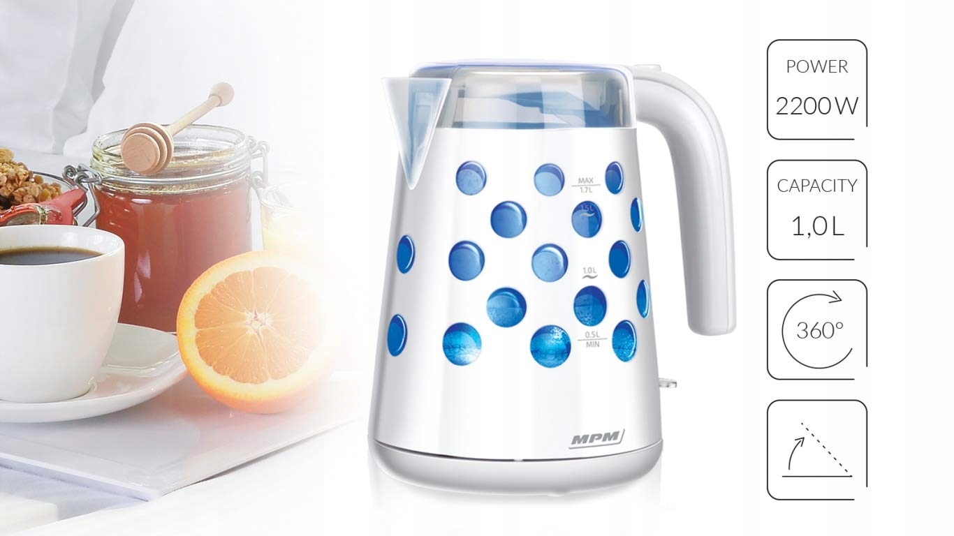 MPM Elektryczny Czajnik Bezprzewodowy 1,7L BPA Free 2200W Biały Plastik — miniatura 5