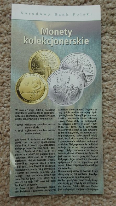 Folder 10 zł 2002,PONIFEX MAXIMUS JP II ,stan I