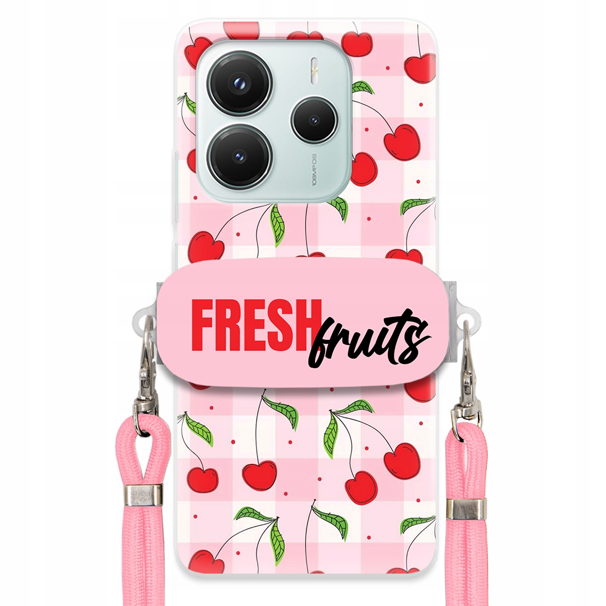 Pouzdro pro Xiaomi Redmi Note 14 5G Držák Šňůrka Růžová Fresh Fruits Mřížka