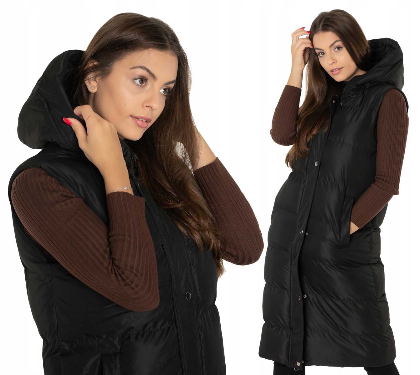 Dlouhá teplá dámská péřová vesta s zateplenou Kapuce Vesta 728-1 S