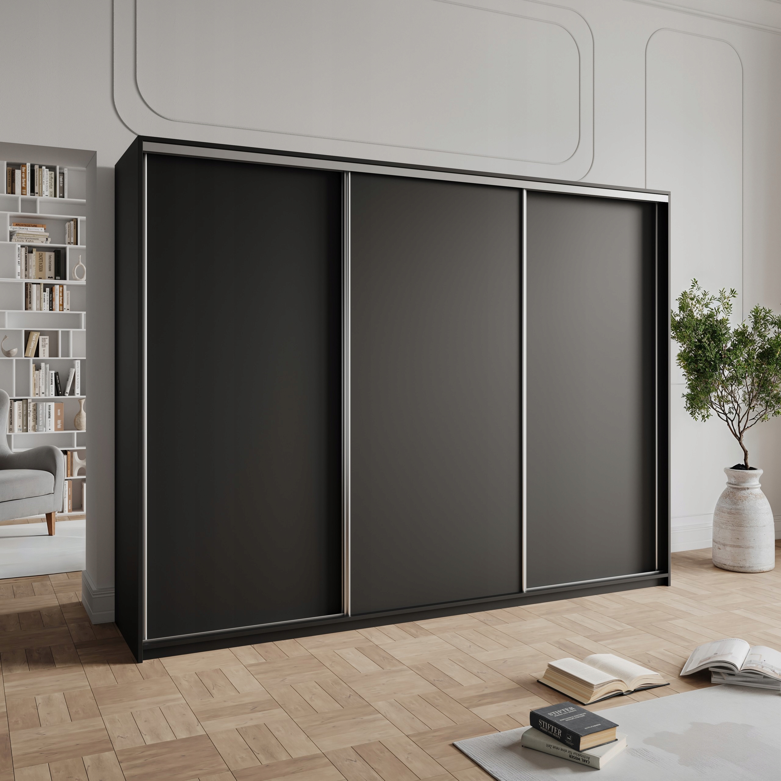 Skříň 250 cm se zásuvkami, třídveřová, černá satén