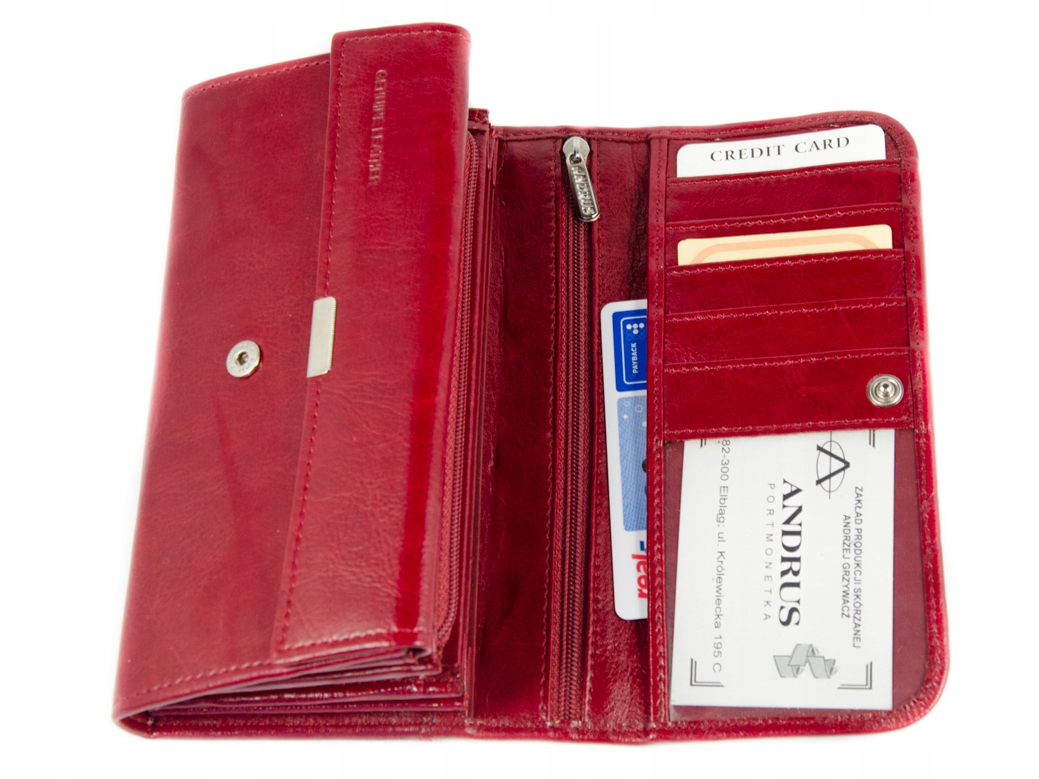 Pojemny damski portfel na suwak Andrus Skóra Naturalna Wiśniowy