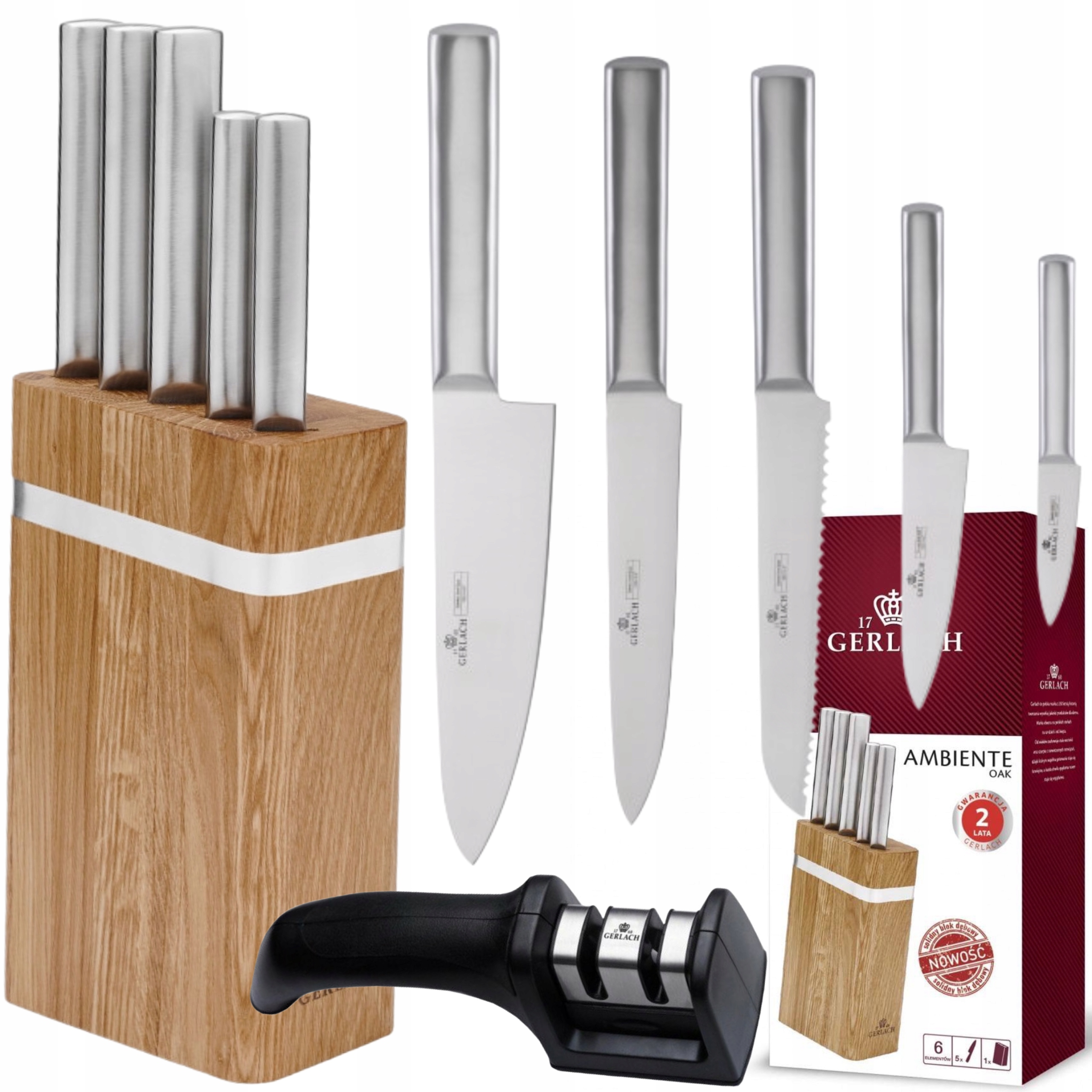 Sada 5 Oceľových Nožov Gerlach Ambiente V Drevenom Bloku Do Kuchyne Brusný Kameň