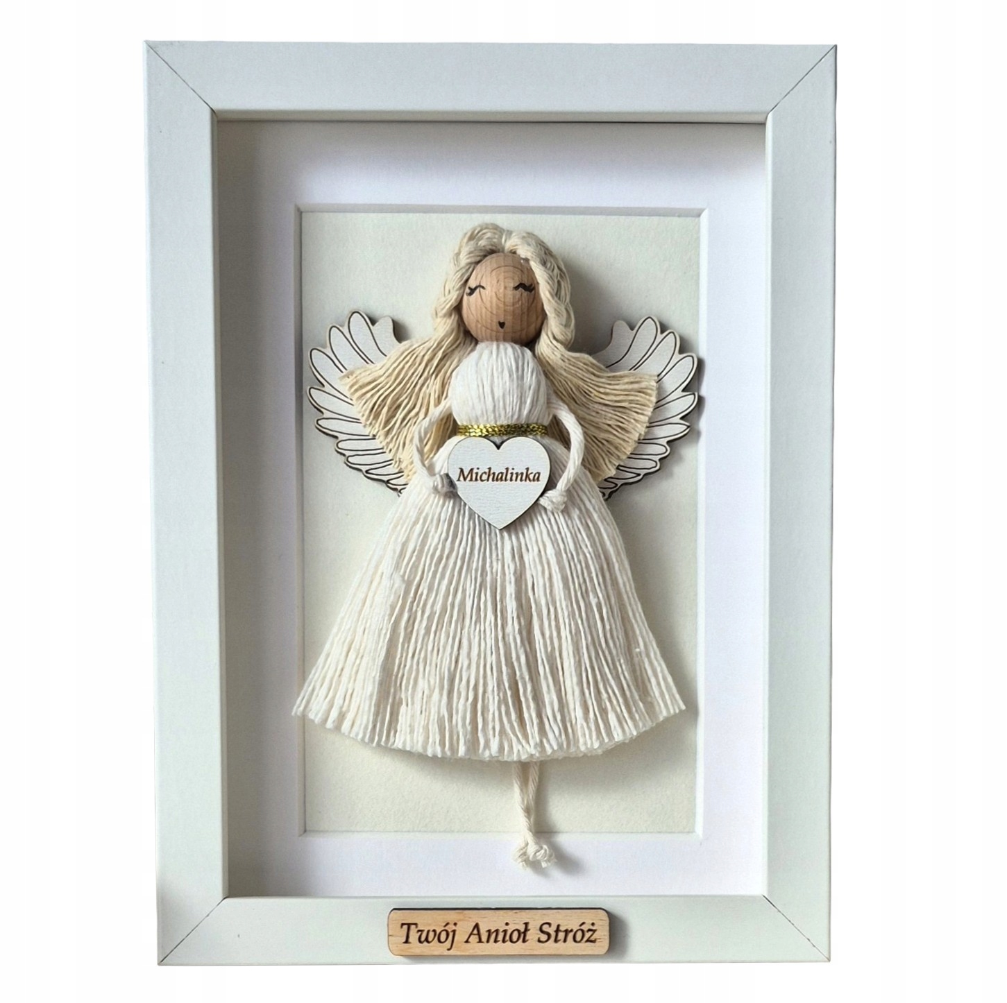 ANIOŁEK MAKRAMA W RAMCE 3D NA CHRZEST KOMUNIĘ PREZENT PERSONALIZOWANY