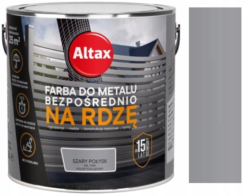Altax Farba Do Metalu Na Rdzę Ogrodzenia Płoty Ral 7040 Szary Połysk 2.5L