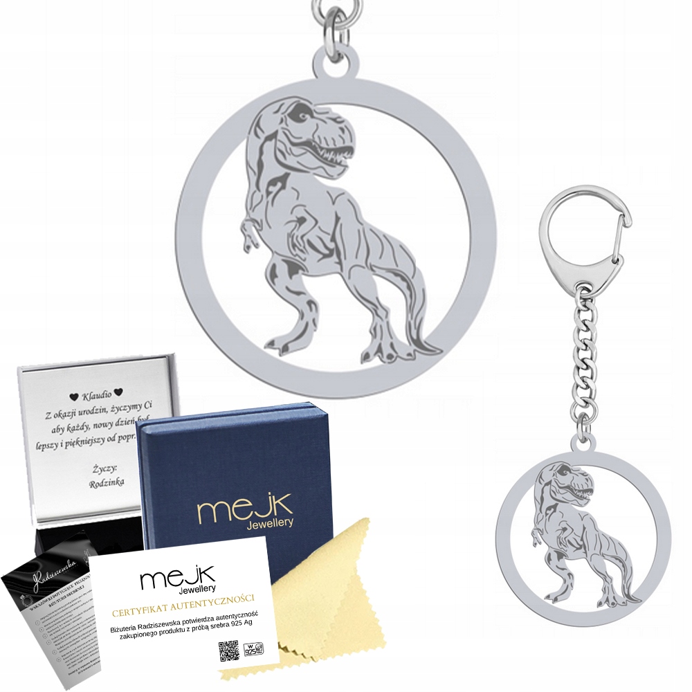 Přívěsek Na Klíče na klíče Tyranosaurus 925 Stříbrný Šperky Dárek Gravírování Bonus