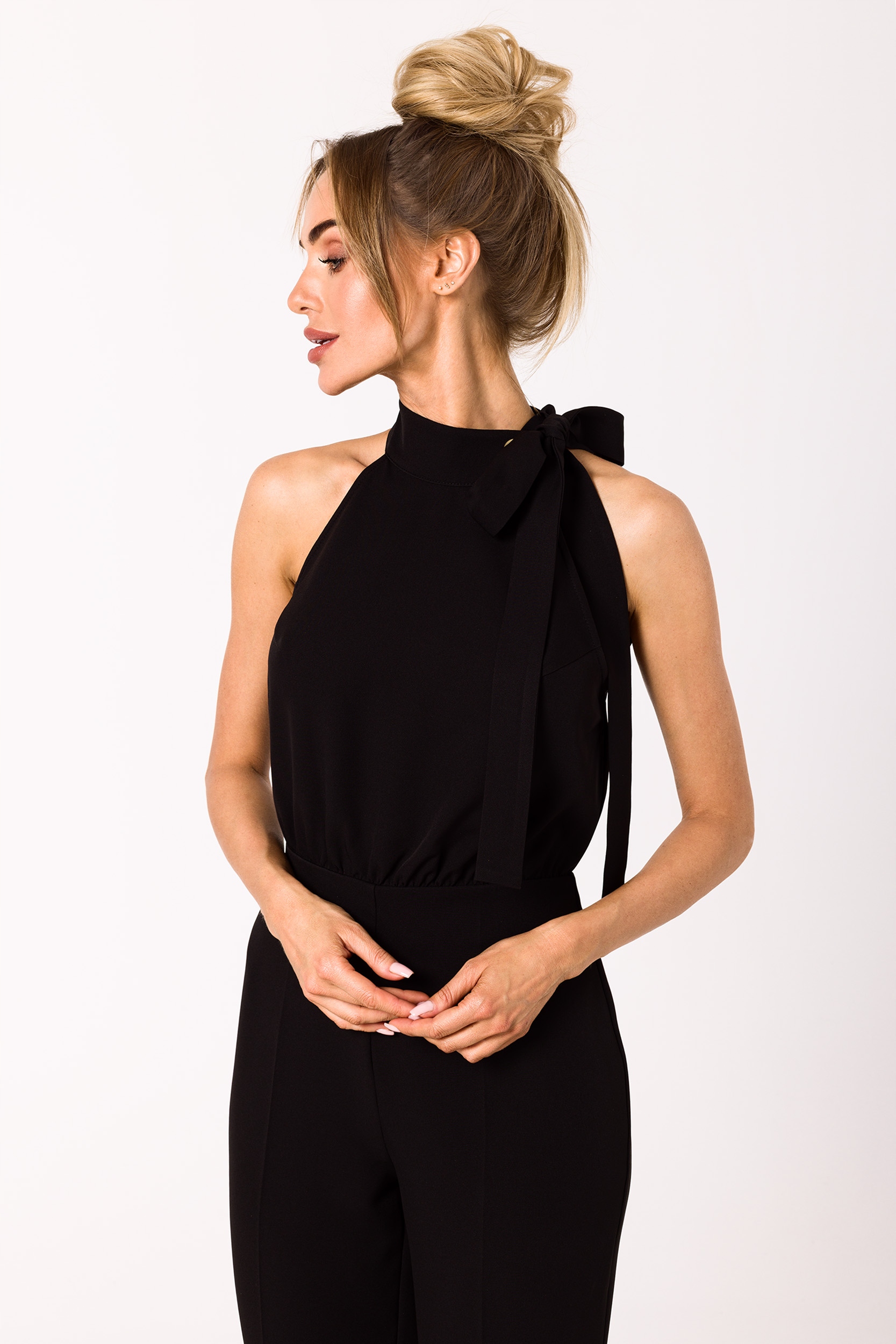 ELEGANCKI DAMSKI KOMBINEZON KOBIECY PIĘKNY WIĄZANY DEKOLT CZARNY 38 M Rękaw bez rękawów