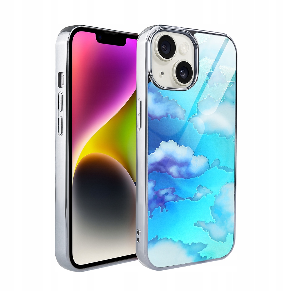 Pouzdro pro iPhone 14 Ibizu Elite Glass, skleněná zadní strana, obláčky, stříbrné