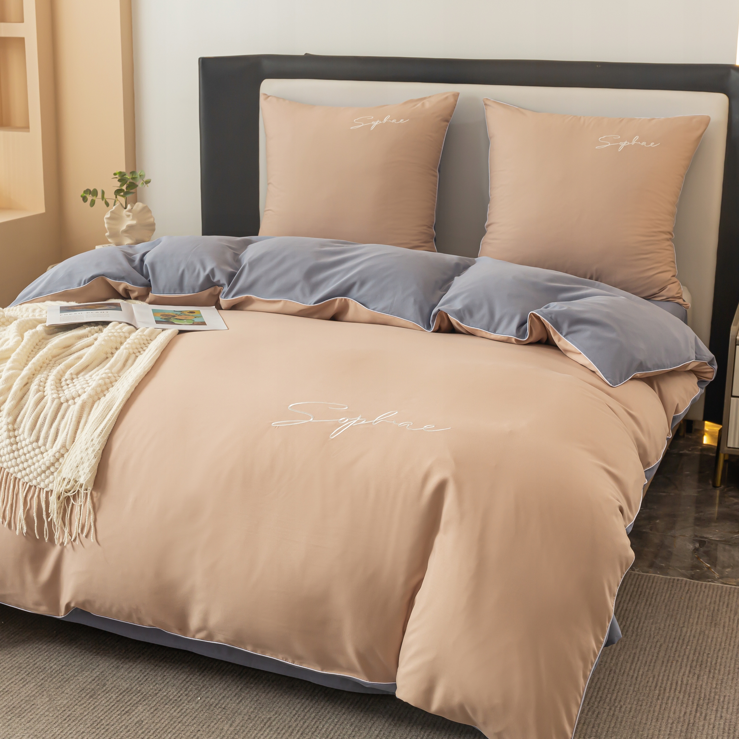 Komplet Pościeli Luksusowej Z Hatem 200x220 beżowa srebrny haft