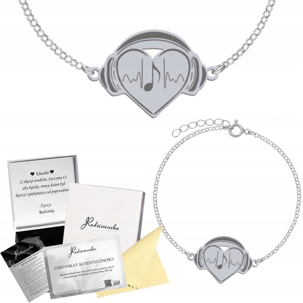 Stříbrný Náramek Srdce Sluchátka Dj Dárek Stříbro 925 Gravírování Bonus