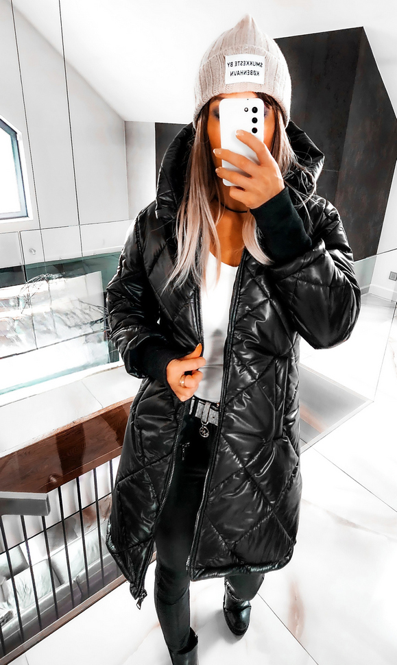 KURTKA DAMSKA PŁASZCZ ASYMETRYCZNA PIKOWANA DŁUŻSZA 40 Zapięcie zamek