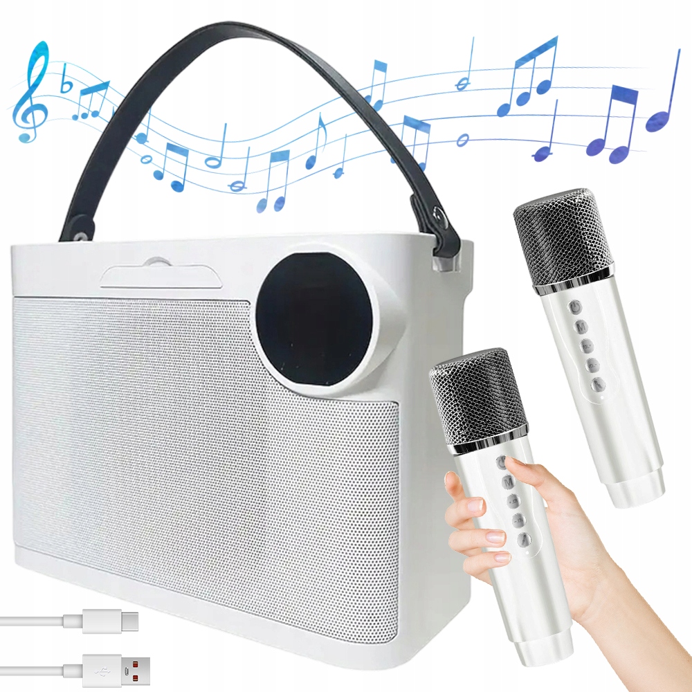 Reproduktor Pro Karaoke Se 2 Mikrofony, Bluetooth, Poutko Na Ruku, Efekty, Bílý