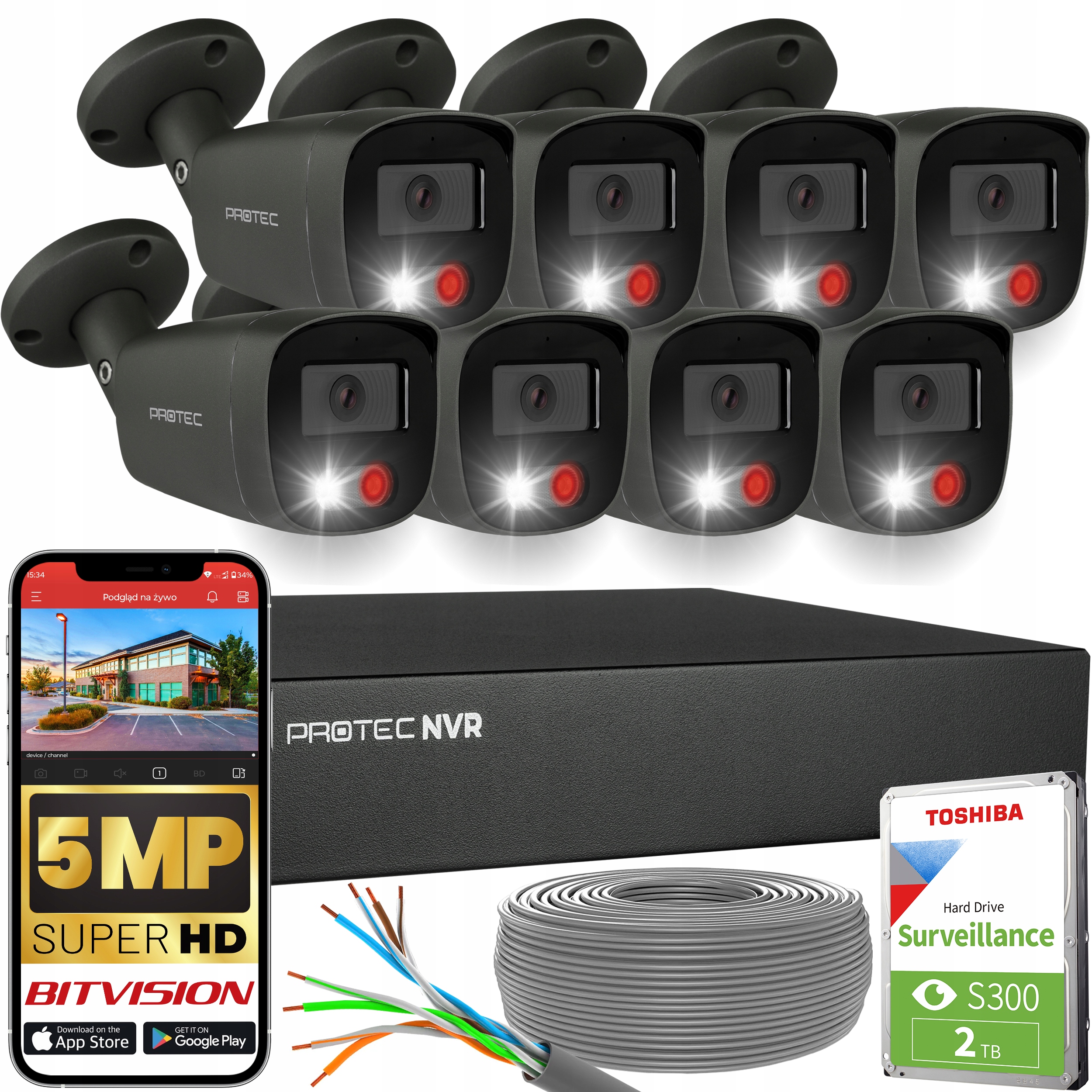 Sada pro monitorování 8 Ip kamer 5Mpx PoE Full Color detekce osob Hdd 2TB