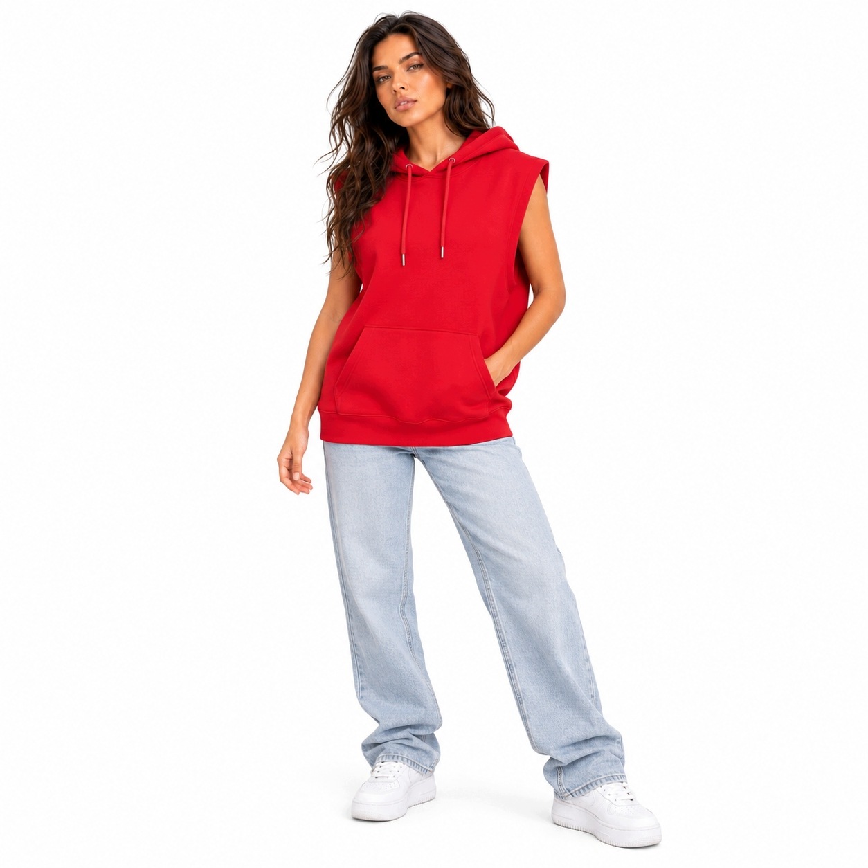 Mikina červená s kapucí bez rukávů typu klokanka S-2XL Danny XXL