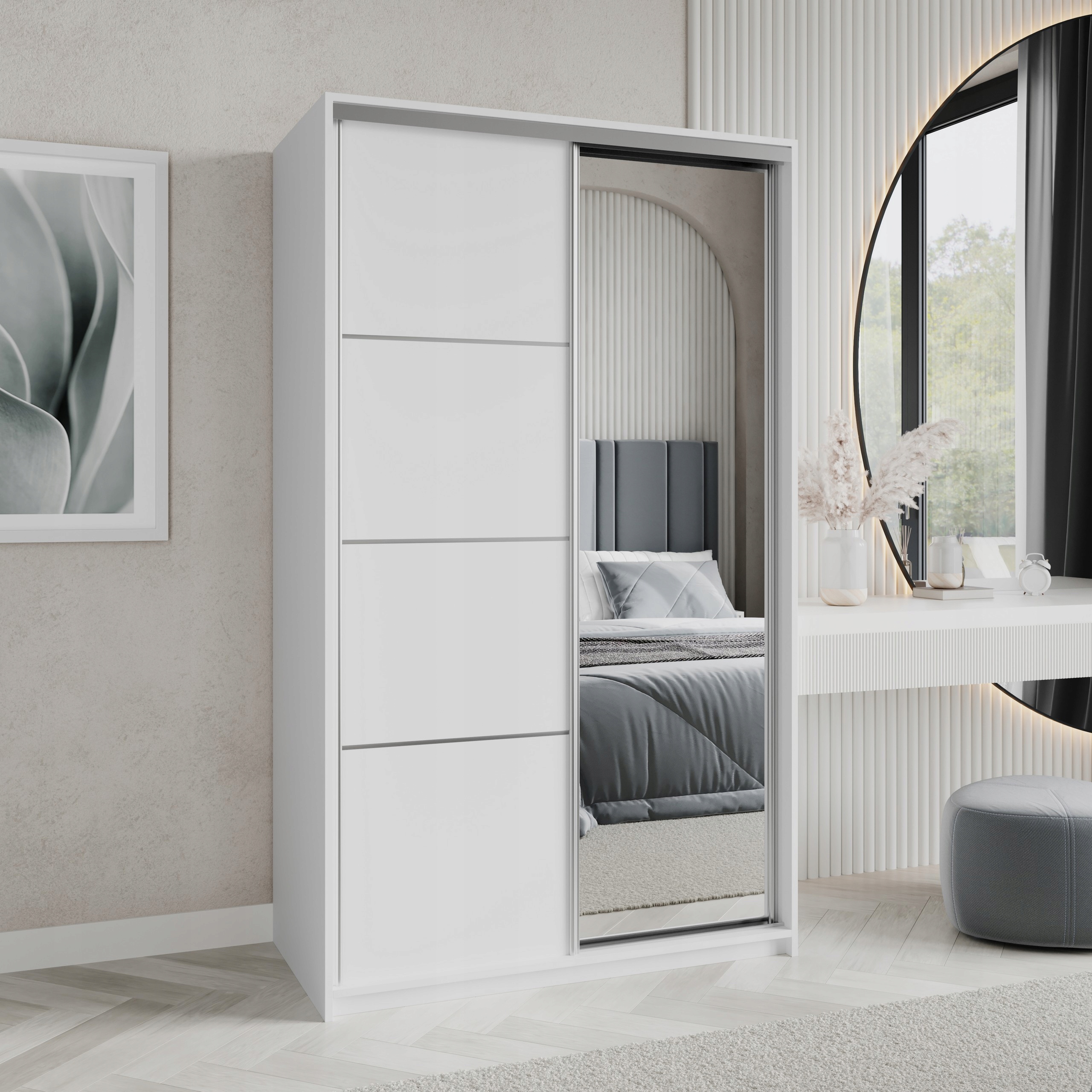 Skříň Posuvná dvoudveřová Varo 120 cm se zrcadlem Zásuvky Bílá Satén