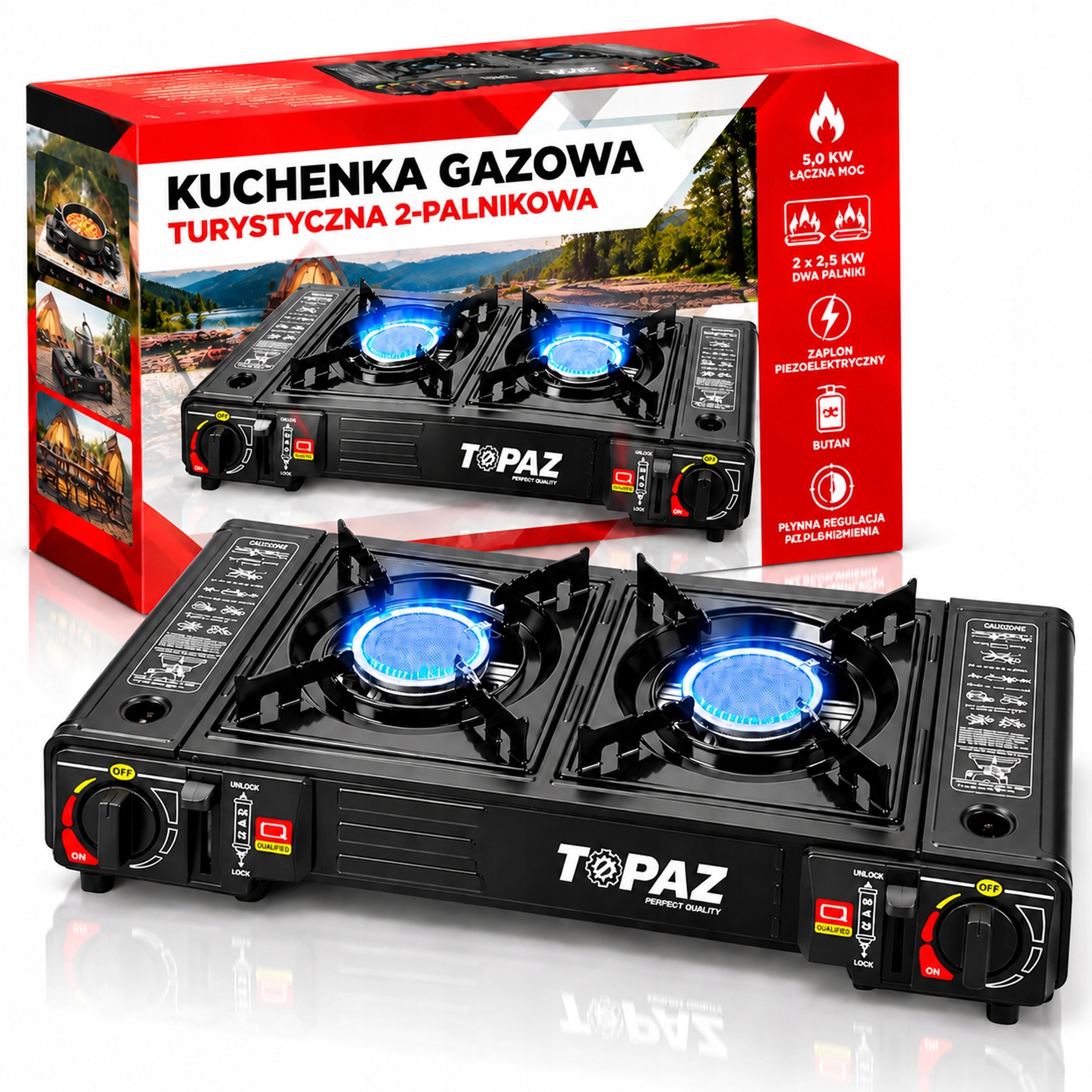 Turistický plynový vařič 2-plotýnkový 5 kW Butan Piezo černý