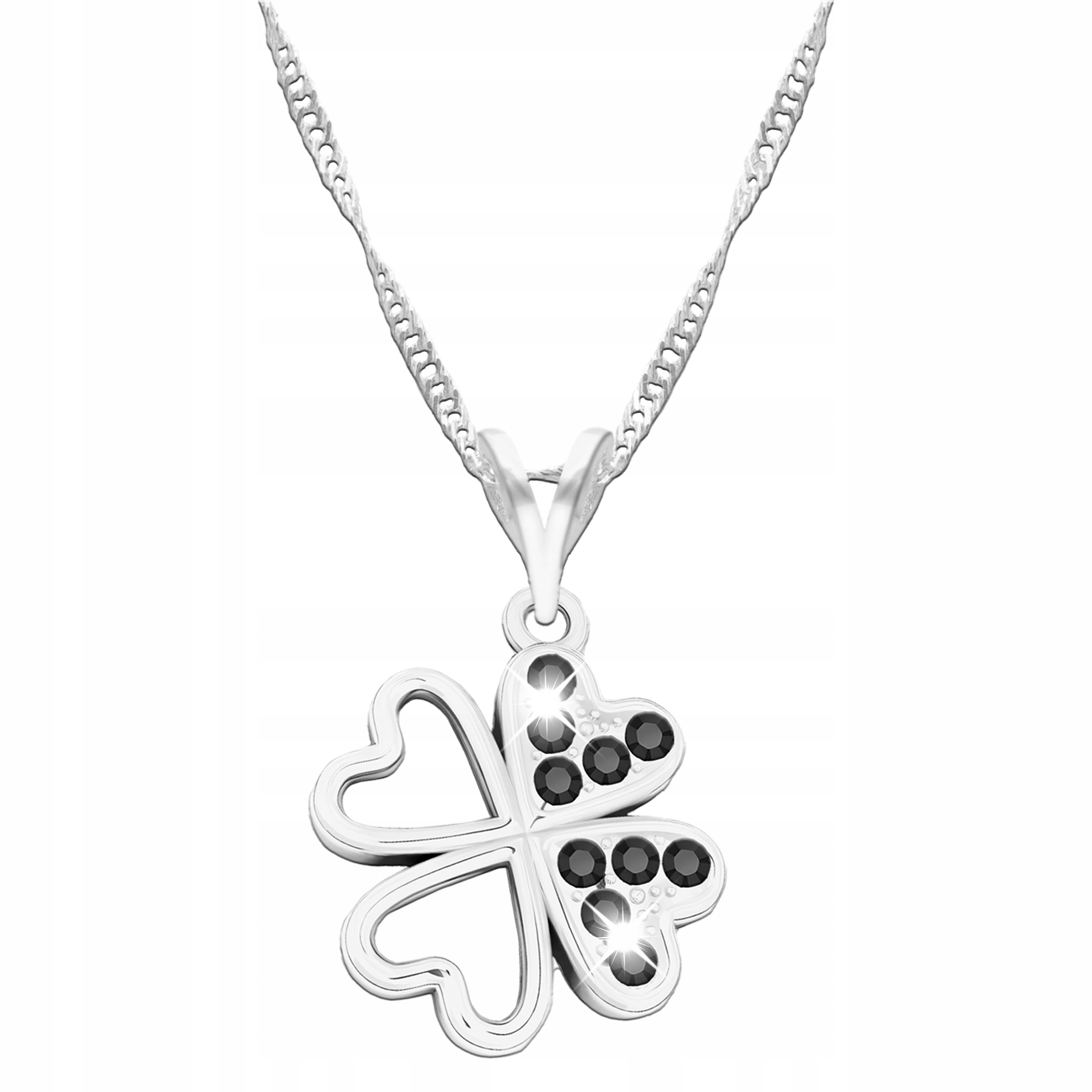 Stříbrný náhrdelník 925 s jetelem pro štěstí Květina s černými zirkony