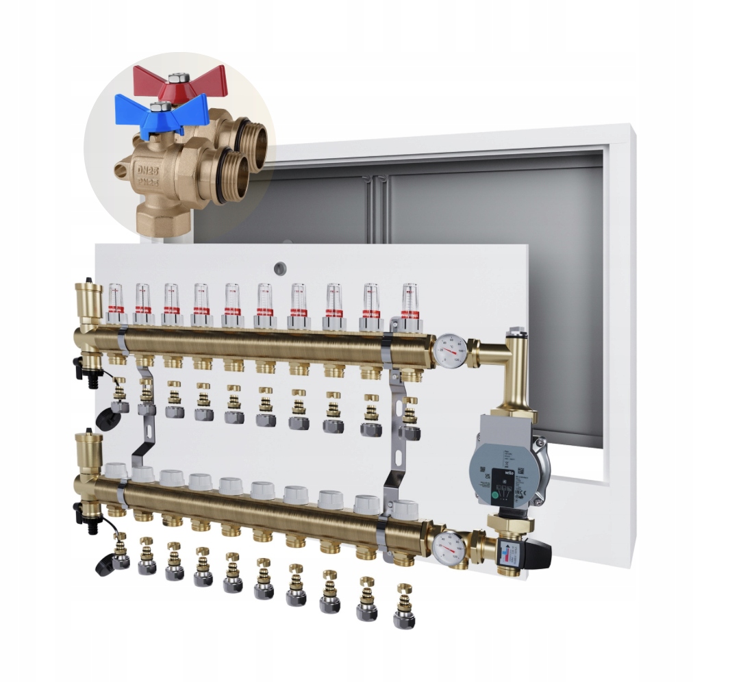 Rozdělovač podlahového vytápění 10 Skříňka na omítku+WILO+PEX+KULOVÝ Ventil