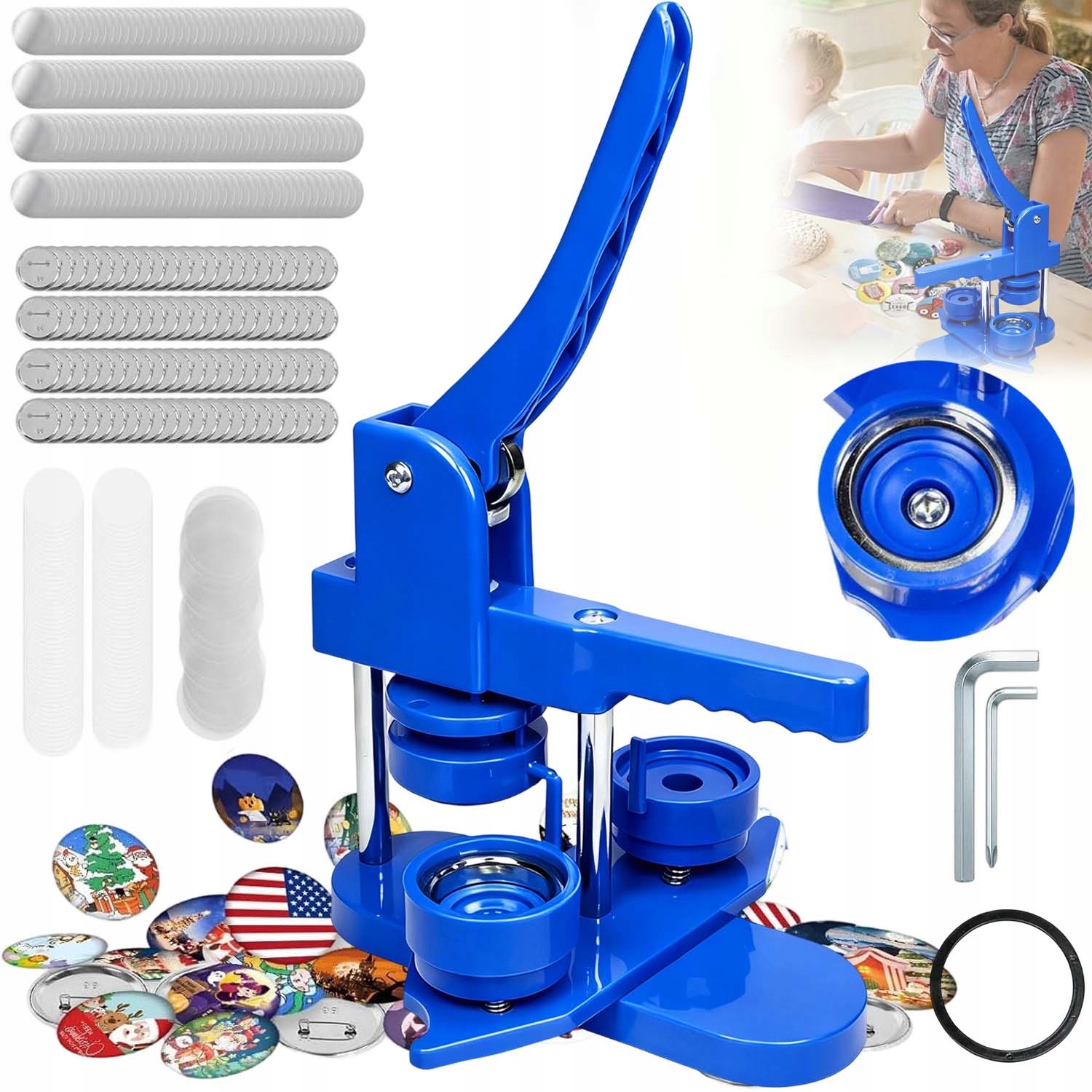 Niebieski Maszynka Do Robienia Przypinek 58MM 100 Pinów Idealny