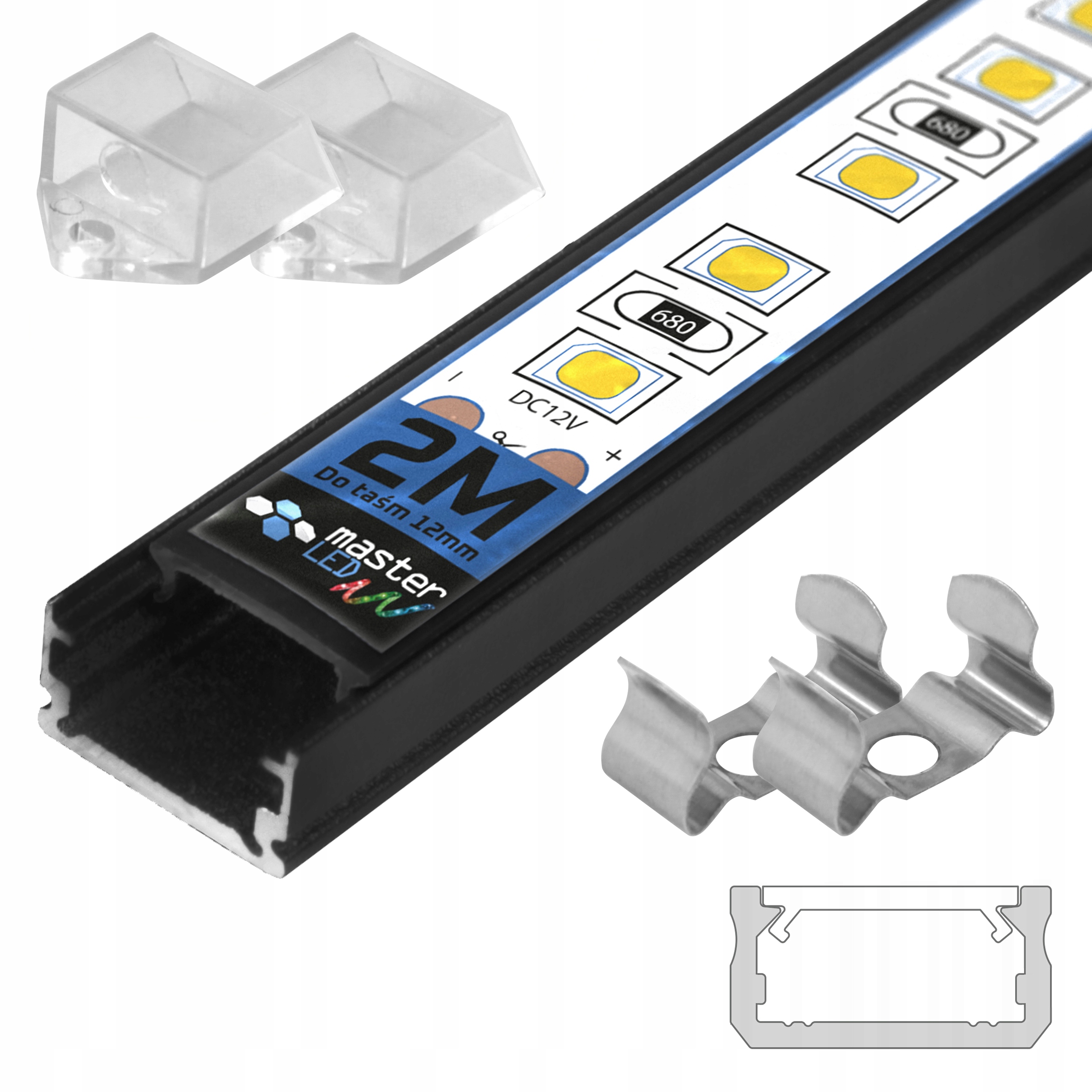 PROFIL LED Do TAŚMA aluminiowy + KLOSZ 2M zaślepka uchwyt