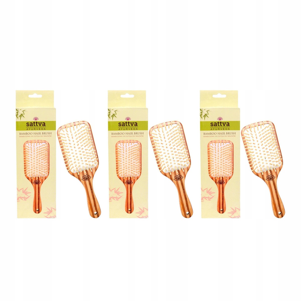 Zestaw: 3x Sattva Bamboo Hair Brush bambusowa szczotka do włosów