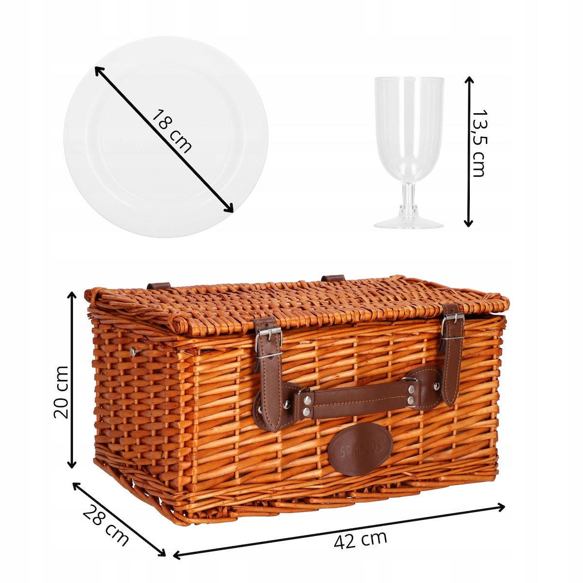 KOSZ PIKNIKOWY TERMICZNY WIKLINOWY+WYPOSAŻENIE SZTUĆCE TALERZE KOSZYK Głębokość produktu 27 cm