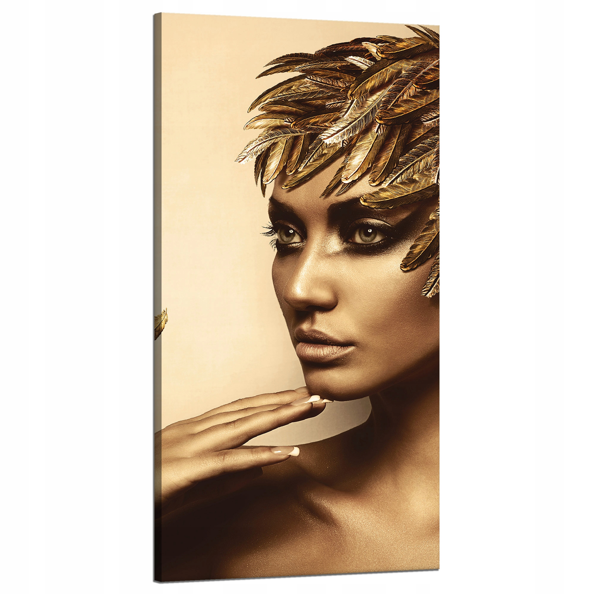 Obraz na plátně Zamyšlená žena Zlaté barvy peří 60x120 cm