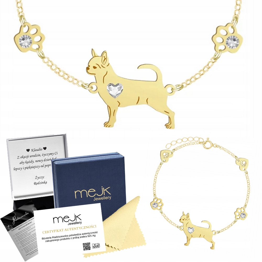 Zlatý náramek s psem Chihuahua Krátkosrstá 925 Šperky Gravírování Bonus