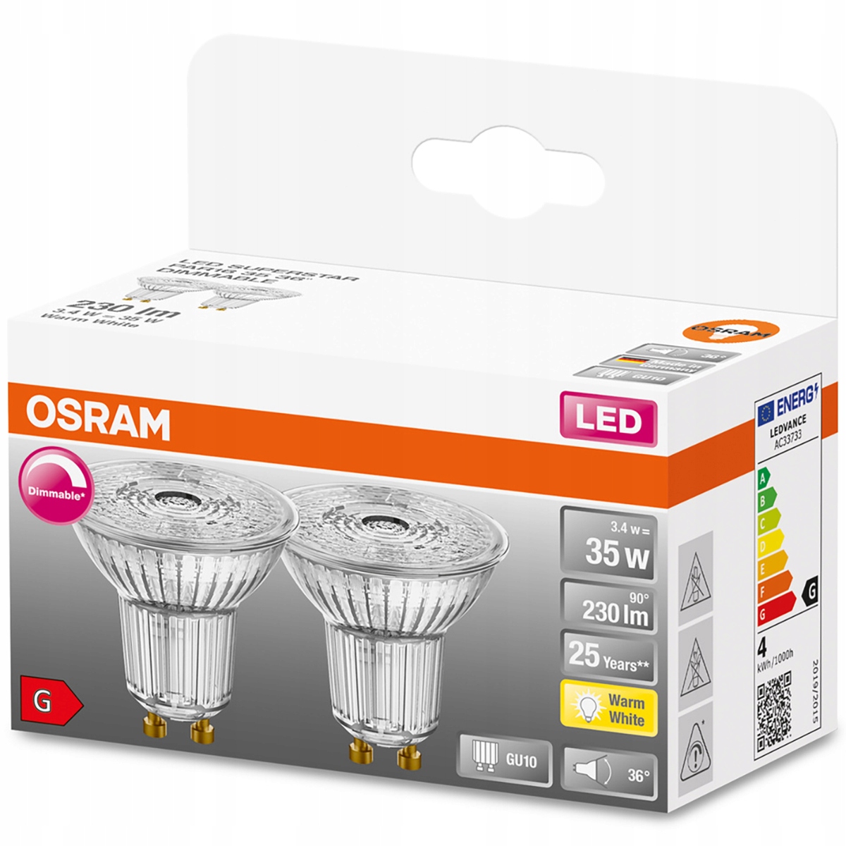 

2x Żarówka Led GU10 3,4W 2700K Ściemnialna Osram