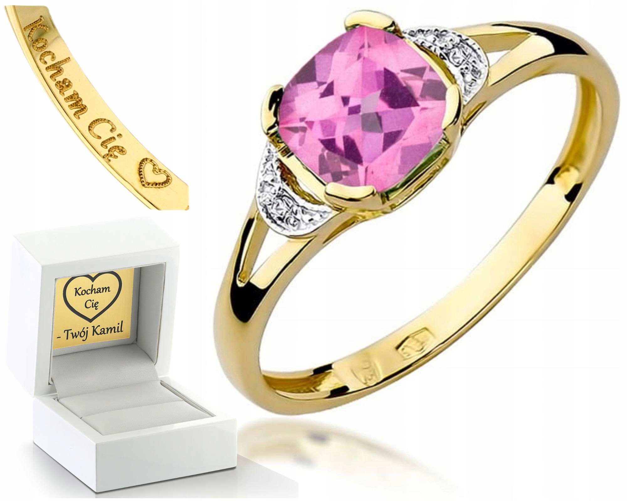 Prstýnek Prsten 585 S Růžovým Topazem A Diamanty Gravírování Dárek