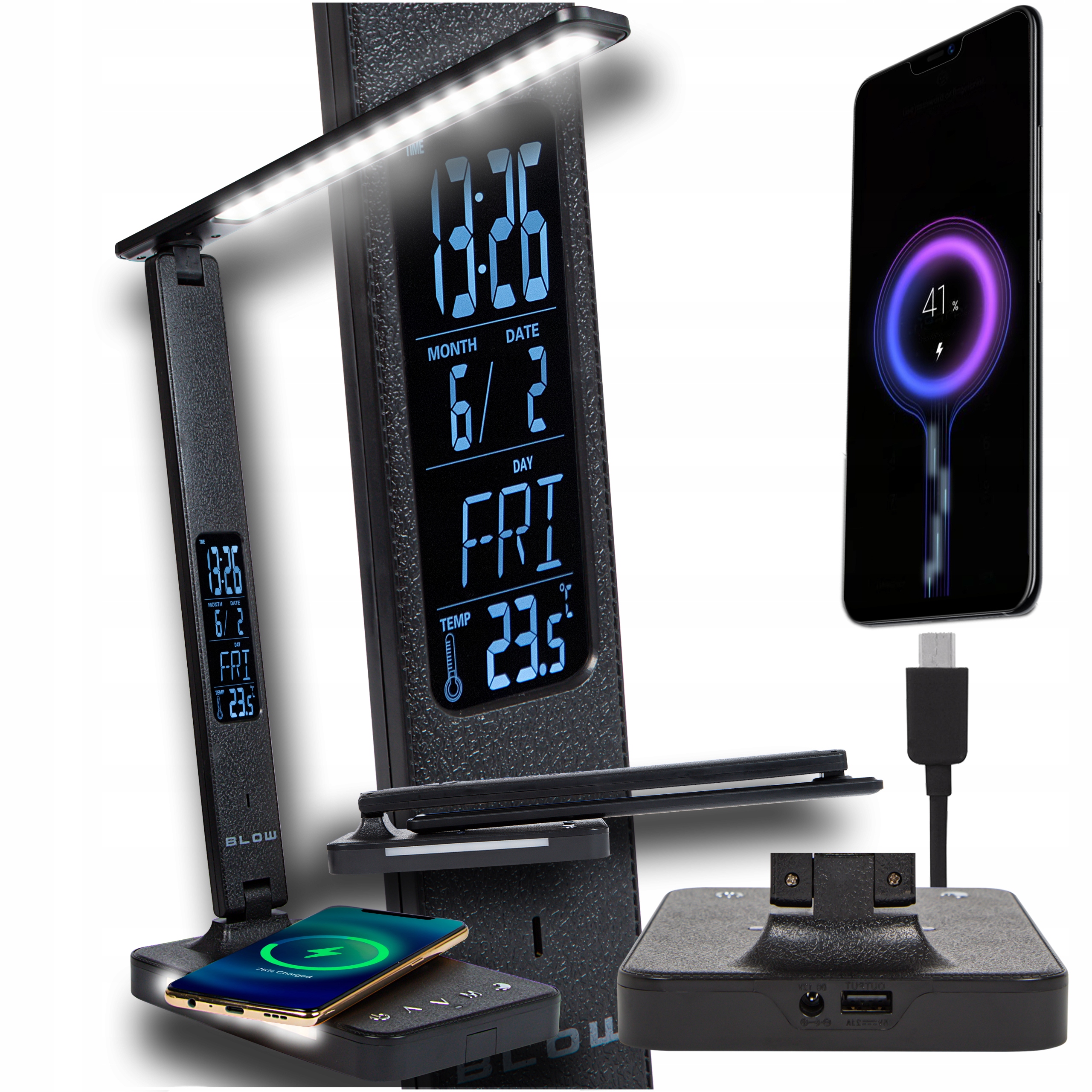 Lampka Na Biurko Nocna Kreślarska Zegar Budzik Ładowarka Indukcyjna Qi 10W